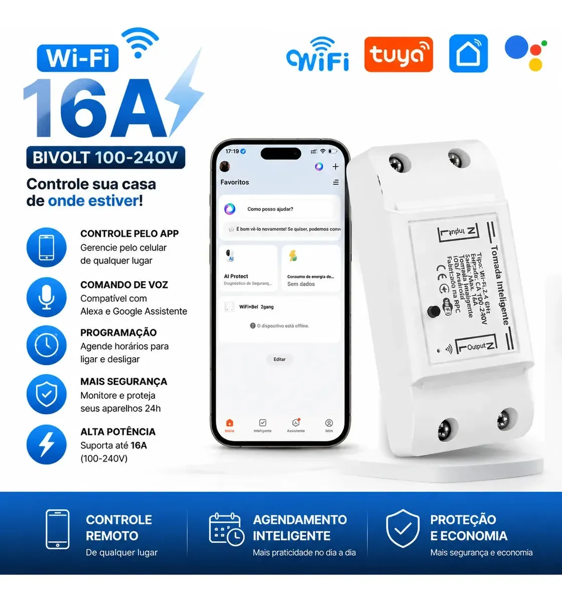 Forestory Interruptor Inteligente Wifi Relé Wi-fi Automação Residencial Alexa Google 16a Alexa Tuya Smart Life Google Assistant Automação Residencial Relé Wi-fi Branco 100-240v