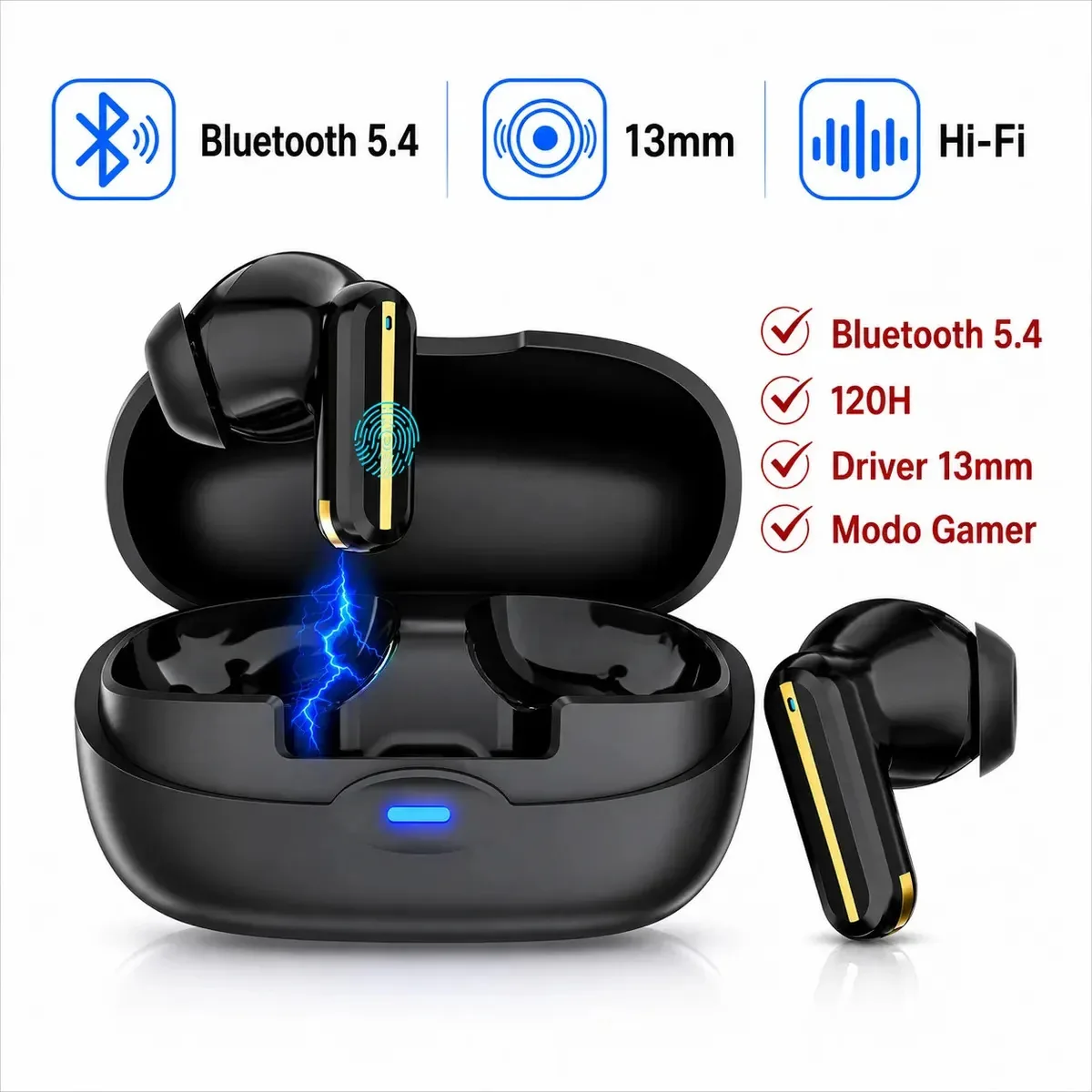 Fone Bluetooth Sem Fio TWS Bluetooth 5.4 LX15 In Ear Touch Hi-Fi Drivers 13mm Grave Potente Microfone HD Baixa Latência Compatível Android iPhone Tela De Toque FORESTORY Preto