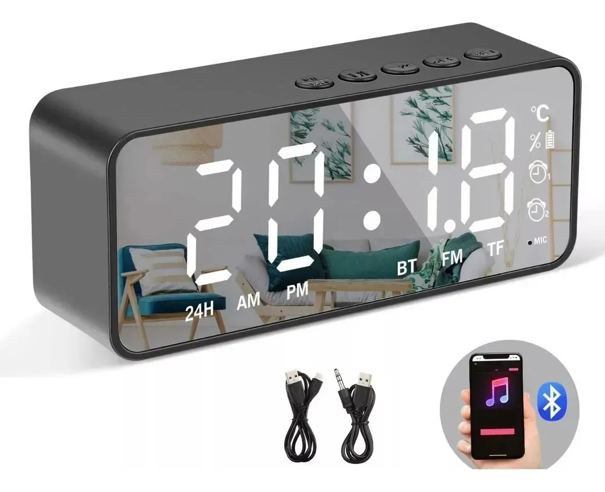 Forestory G50 Relógio Digital Despertador Mesa Cabeceira Alarme Rádio Fm Alarme Com Bluetooth Entrada Auxiliar Rádio Fm E Usb Caixa Som Bluetooth Alarme S/fio Relógio Digital Com Sensor De Temperatura