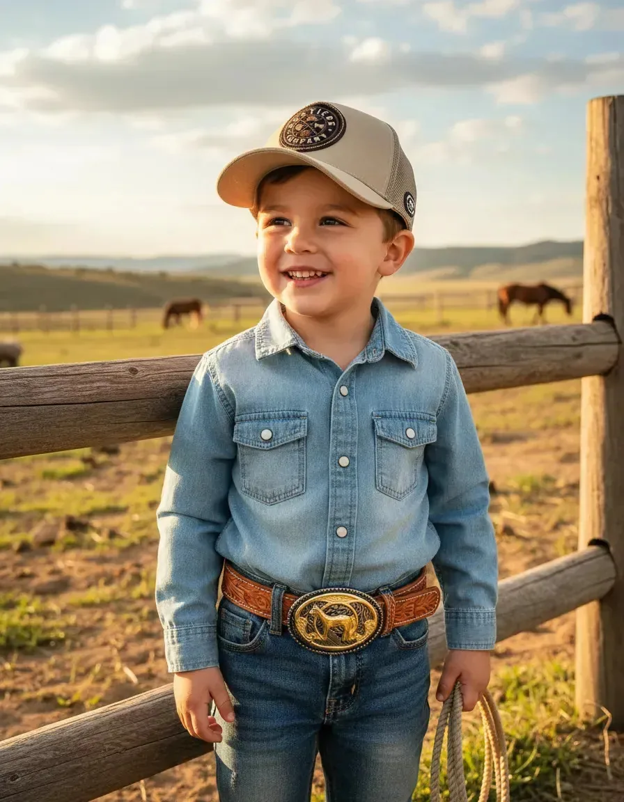 Kit Country Infantil Selaria Filimar: Cinto em Couro Legítimo com Fivela de Cavalo e Boné Ajustável para Agro Rodeio