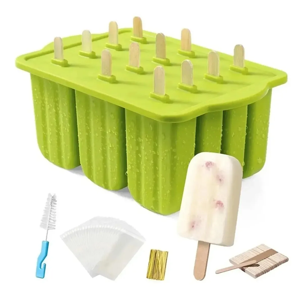 Paleta de moldes de sorvete de silicone e acessórios de preparação verdes