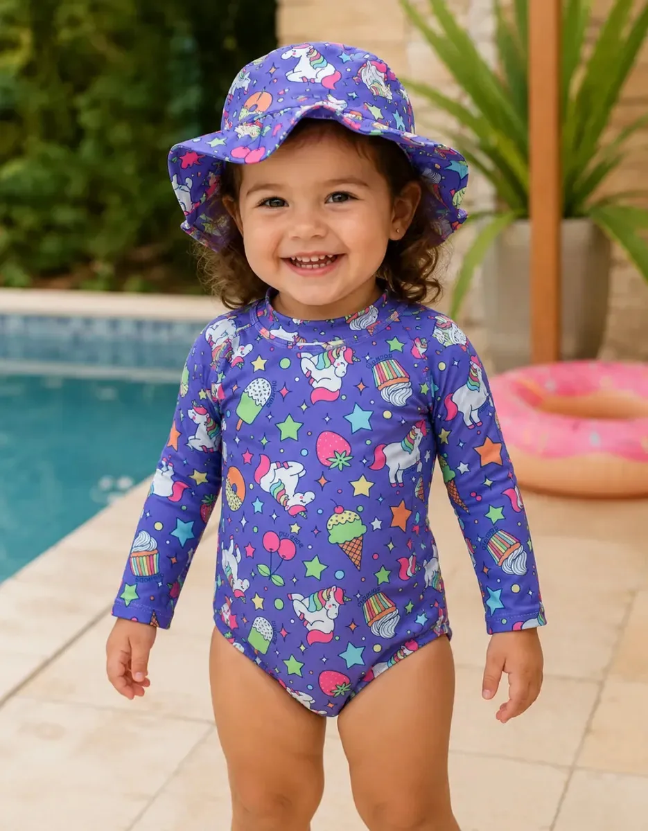 Macacão Bebê Menina Menino Moda Praia Chapéu Verão Proteção Unicornio Diju M (3-6 Meses)