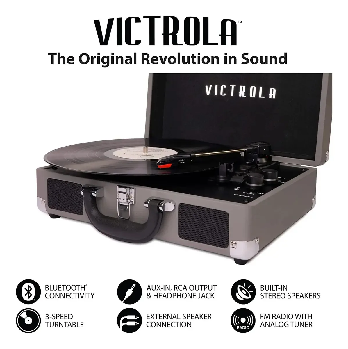 Toca-discos portátil Bluetooth Portfolio Vintage Victrola, cor: cinza vinil