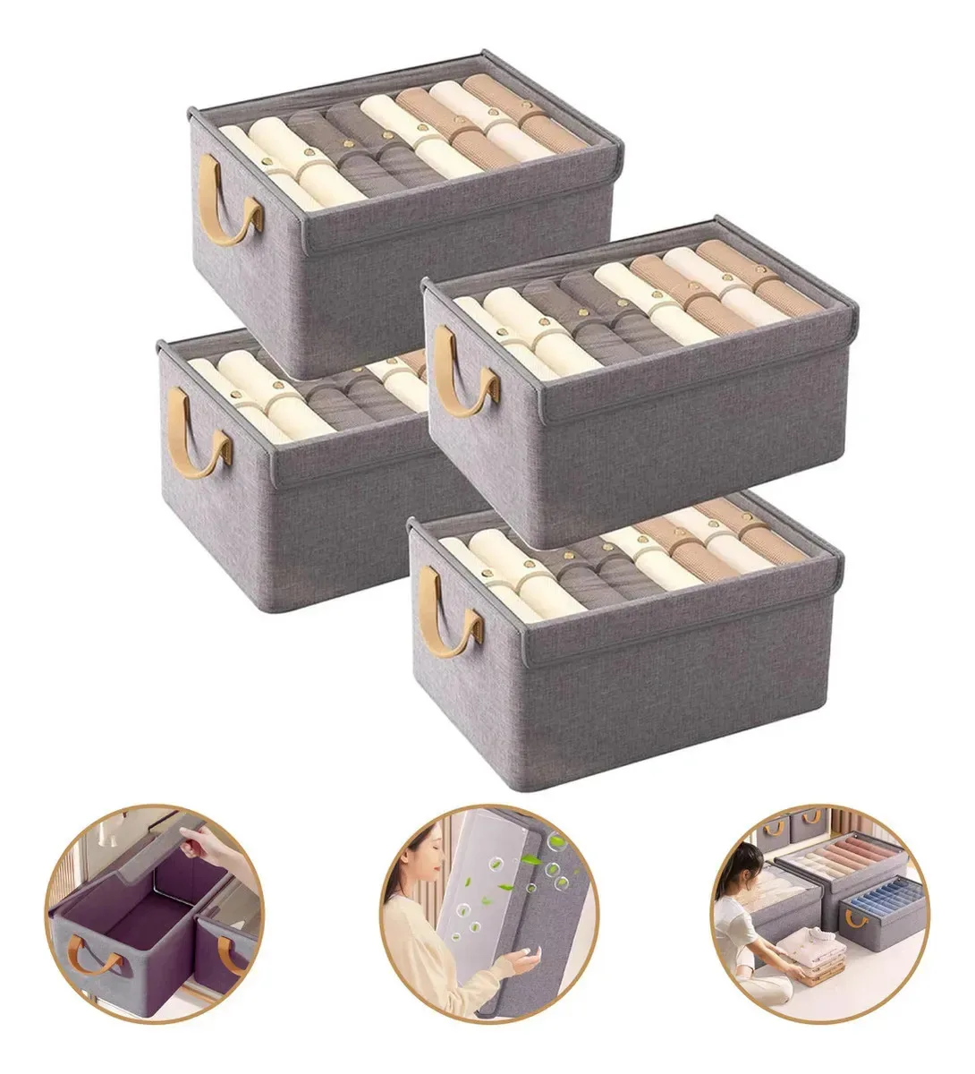 4 Caixas Organizadora Guarda Roupa 47x28x19 Com Tampa Gaveta Cinza