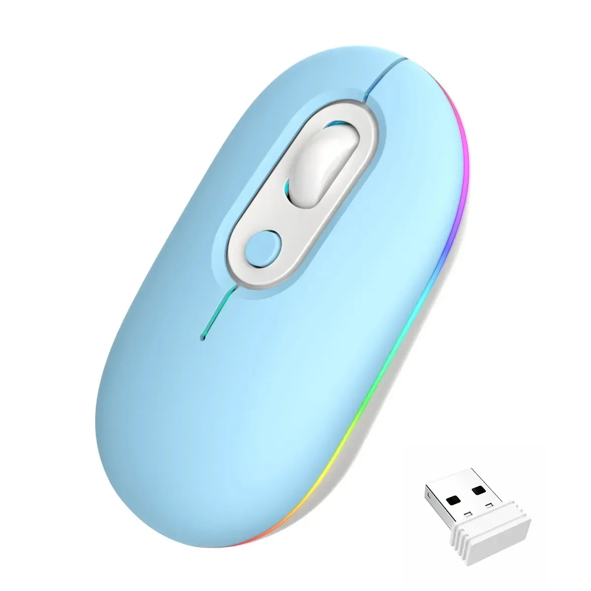 Mouse sem fio recarregável com luz 2.4G e Bluetooth 5.2 azul claro