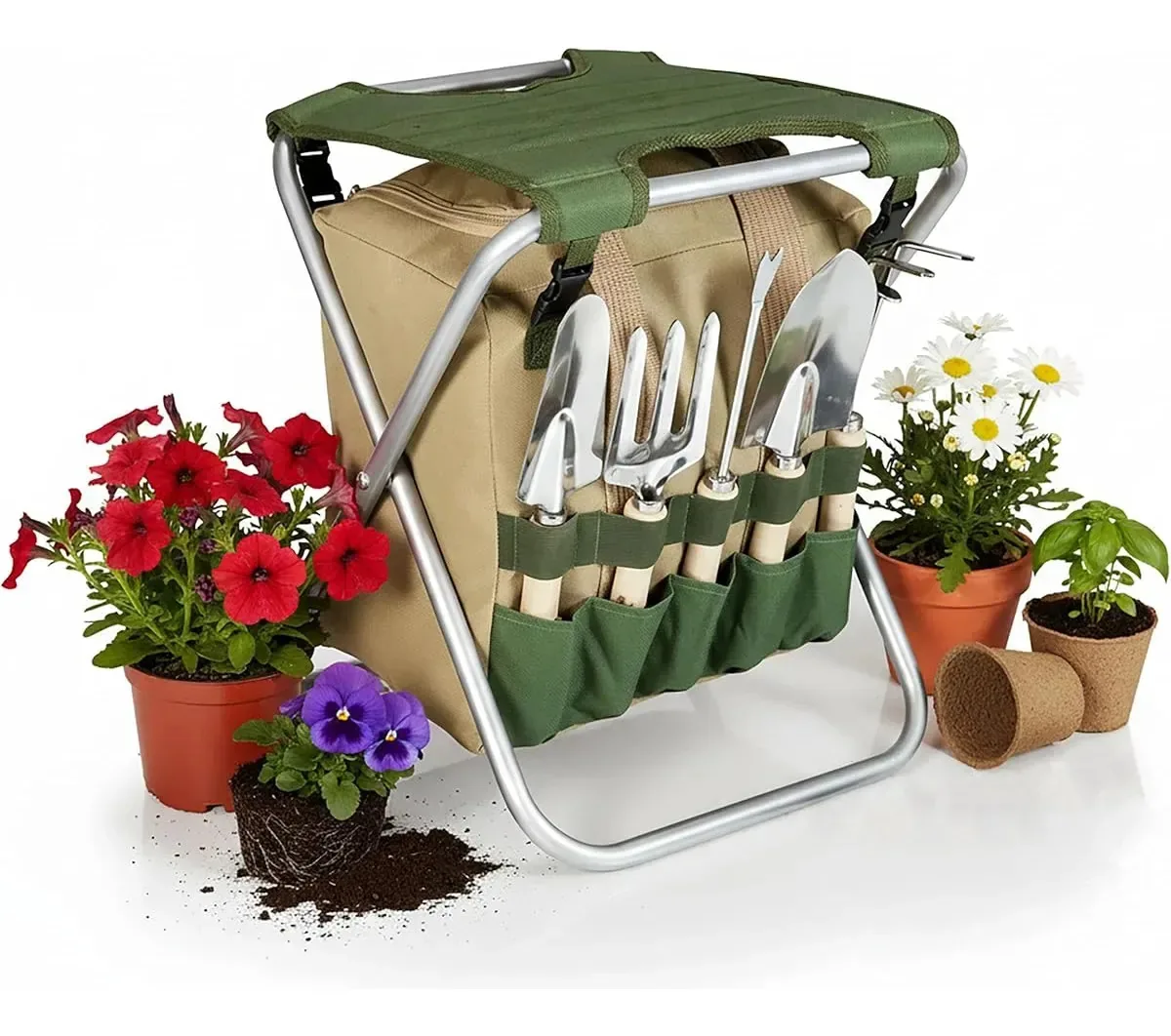 Assento de jardim dobrável com ferramentas e bolsa verde/bege