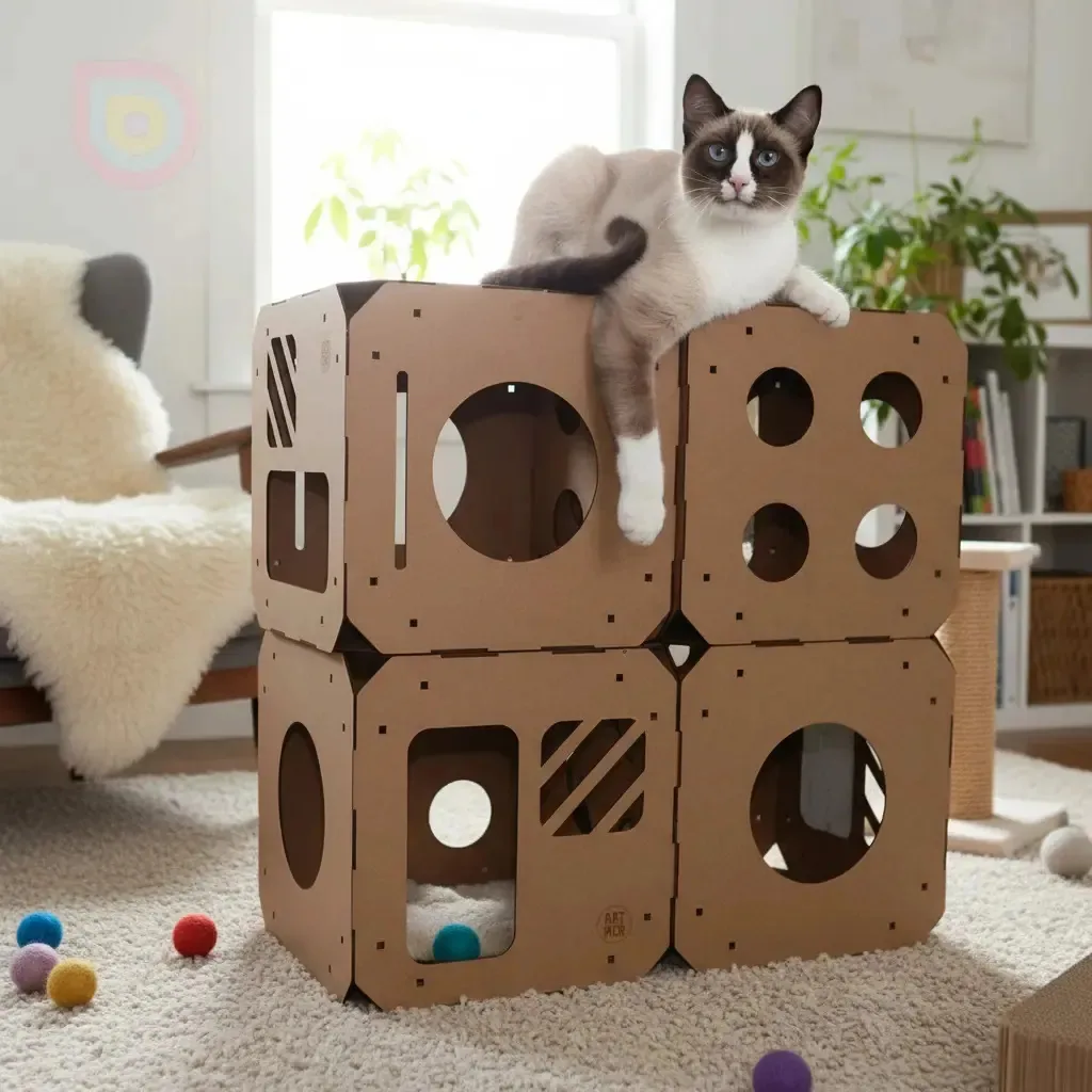 Playground Gatos 4 Cubos Toca Nicho Gatil Torre Mdf Bege