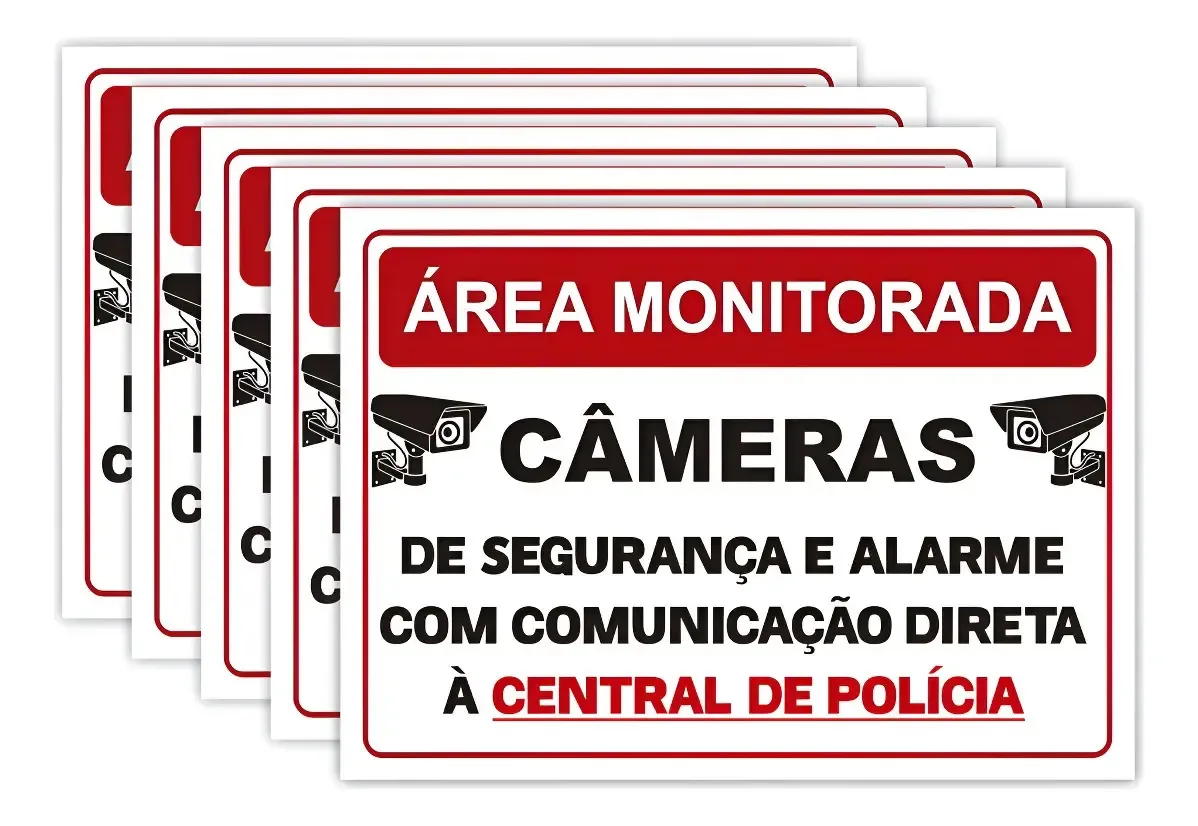 5 Placas Área Monitorada Câmeras E Alarme Polícia 25 X 18cm
