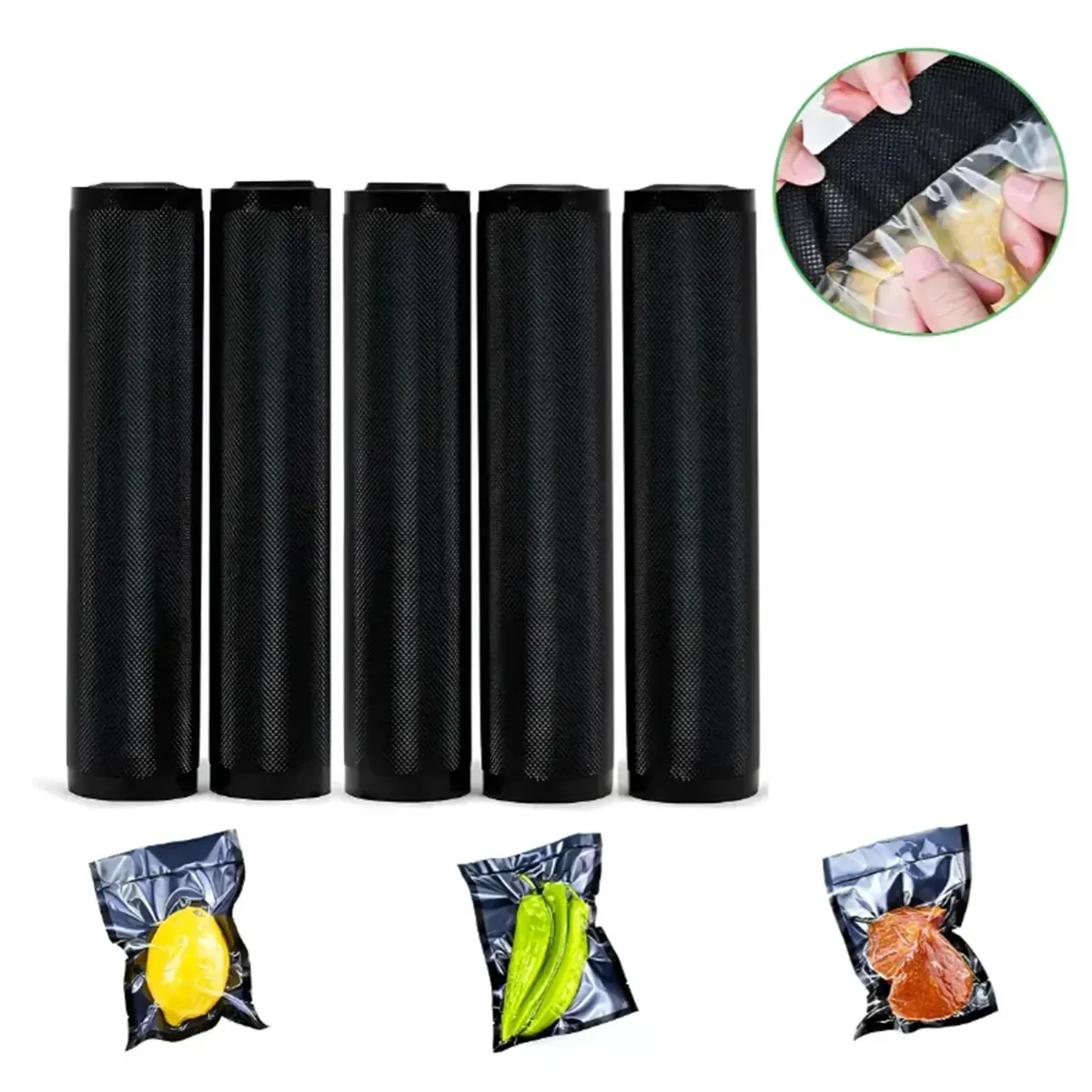 Sacos a vácuo de 5 rolos para alimentos 30x5m, material PA+PE Food 0.19mm, cortáveis, compatíveis com seladores... Negro