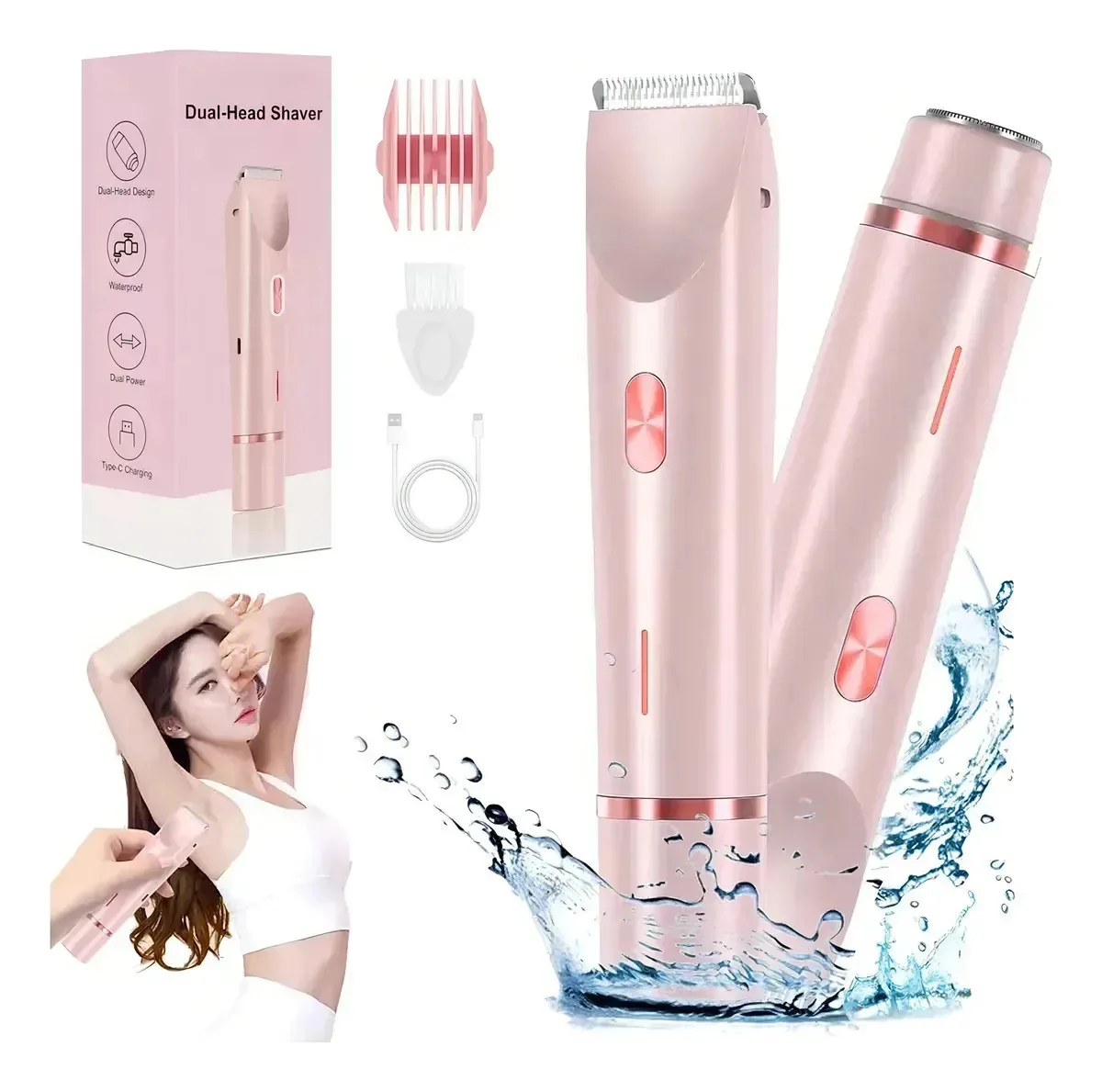 Barbeador elétrico feminino 2 em 1 com depilador rosa/rosa