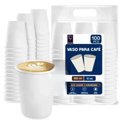 100 xícaras de café brancas de 12 onças e 350 ml de plástico descartável resistente ao calor para bebidas quentes e frias, ideais para cafeterias, escritórios, eventos, empresas e residências
