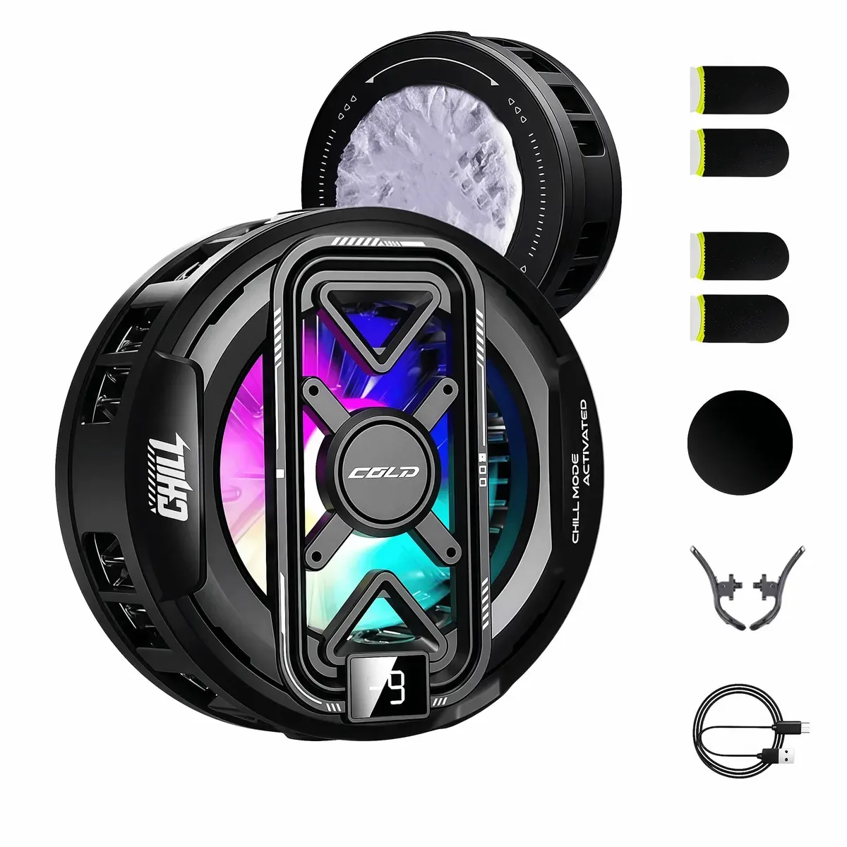 Resfriador de células AD Magnetic Gamer com semicondutor, 3 níveis de temperatura (-9°C), display digital RGB, design antibloqueio, para iPhone e Android, silencioso e portátil | Zero Heat