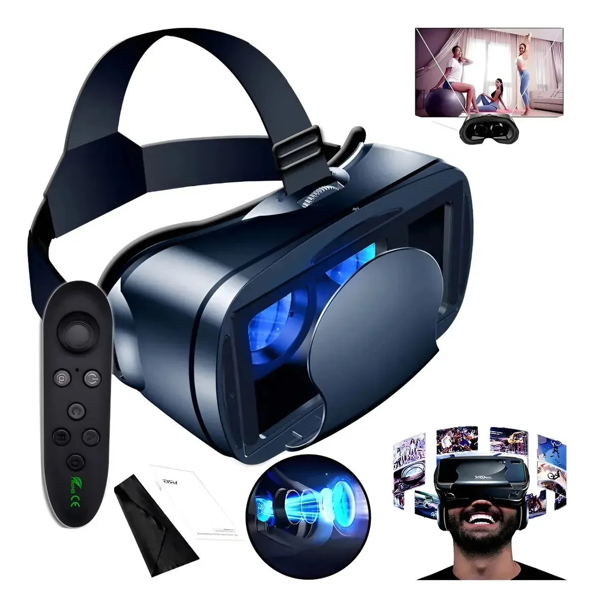 Fone de ouvido de realidade virtual, óculos 3D VR com controladores pretos