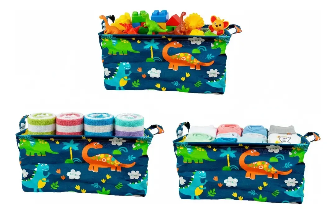 Cesto Cestinho Organizadores Brinquedos Roupinhas Kit 3un Dino Azul