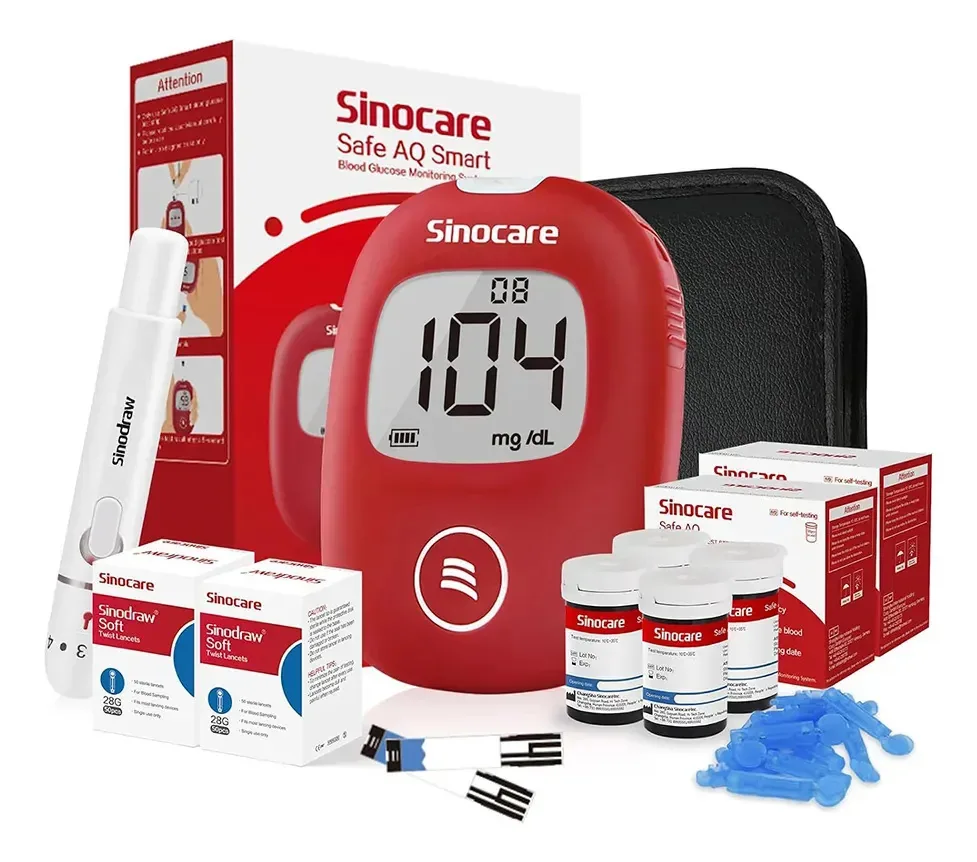 Sinocare Kit De Teste Para Diabetes - Medidor De Glicose No Sangue Safe Aq Smart, Kit De Teste De Glicose Com Tiras X 100, Dispositivos De Punção X 100 E Bolsa De Transporte