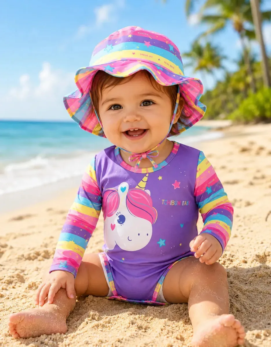 Macacão Bebê Moda Praia Menina Menino Com Chapéu Roupa Banho Unicornio M (3-6 Meses)