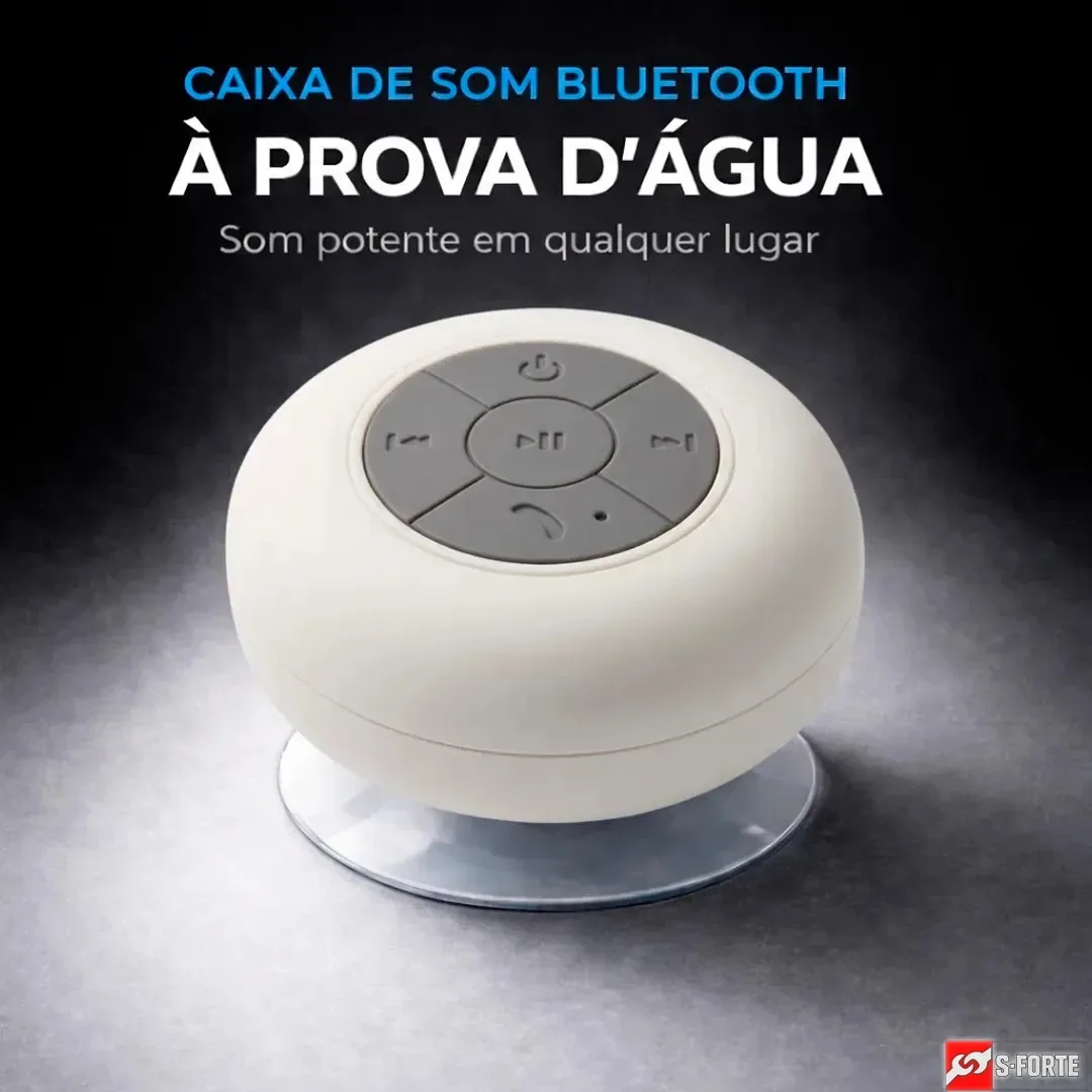 Caixa de Som Portátil Bluetooth Branca com Ventosa e Som Estéreo para Banheiro
