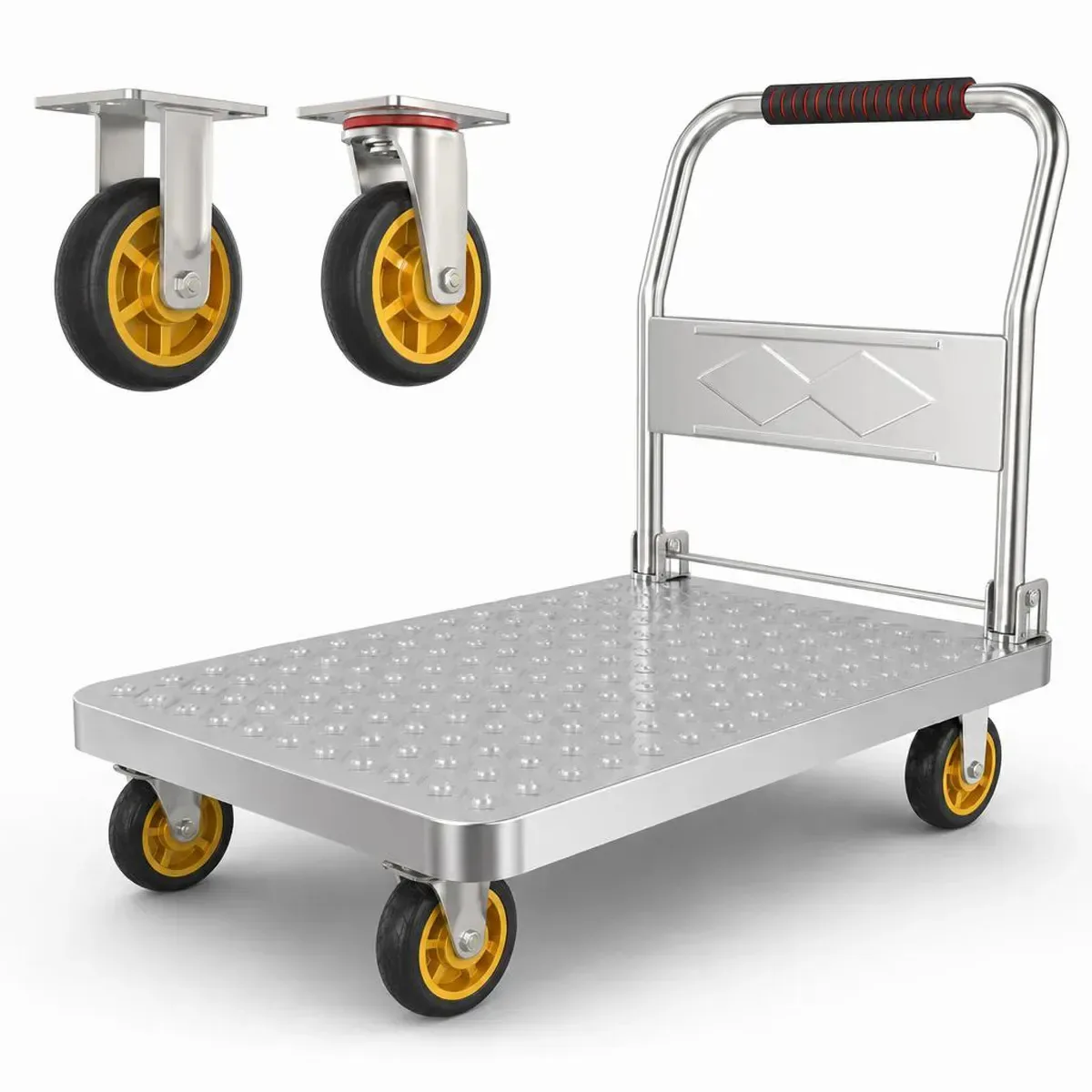 Carrinho De Carga Plataforma Aço Dobrável 300kg Nível Industrial Rodas Borracha 4 Pol Giro 360 Base Reforçada 73x48cm Transporte Armazém Comércio