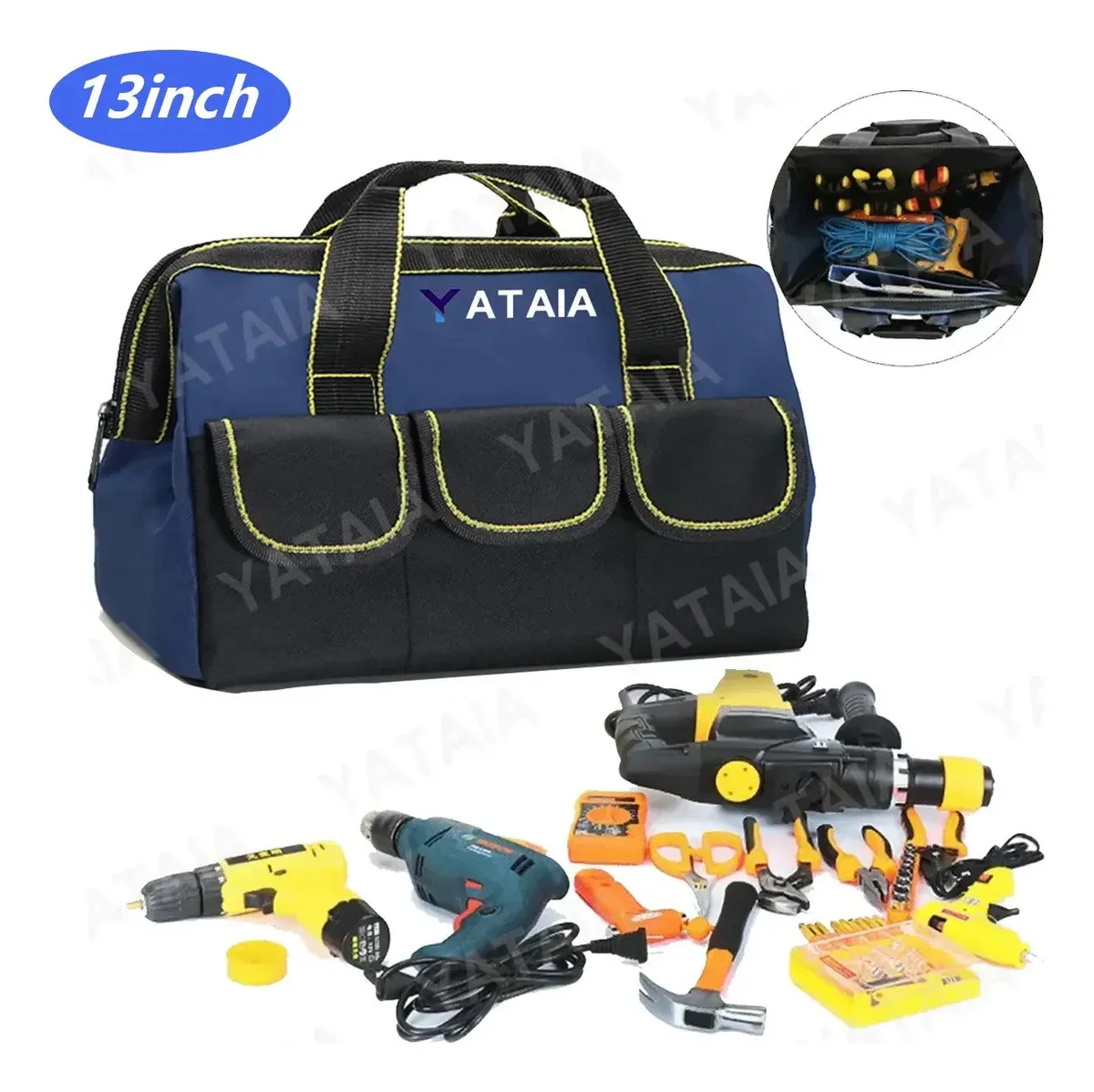 Mochila para ferramentas elétricas de 13 polegadas, bolsa de ferramentas para eletricista, organizador com vários bolsos, mala impermeável resistente à água e ao desgaste, cor azul