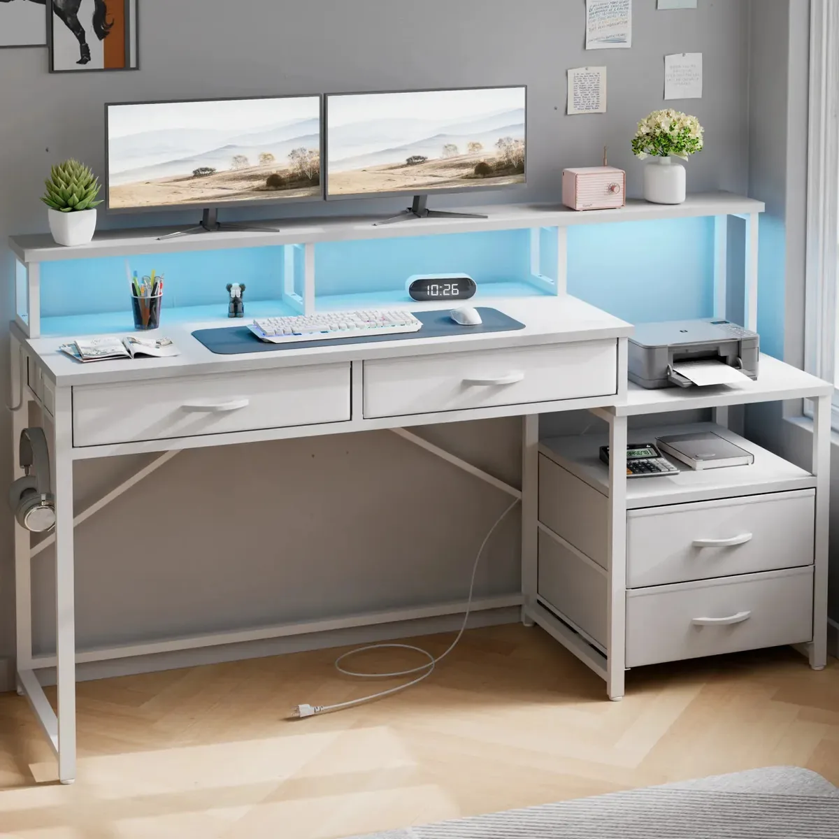 Escritorio De Computador Con Desktop De Impresora Kixtla Equipado Com 4 Cajones E Portos Usb, La Impresora Se Puede Colocar De Forma Independente Para Uma Maior Praticidade
