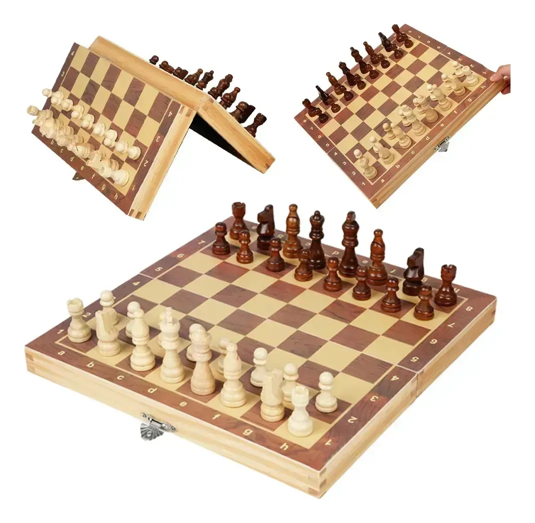 Tabuleiro de xadrez de madeira, caixa de madeira dobrável, tabuleiro de xadrez, tabuleiro de xadrez 3 em 1 com peça de xadrez para crianças e adultos, iniciantes, tabuleiro de xadrez 29* 29 cm