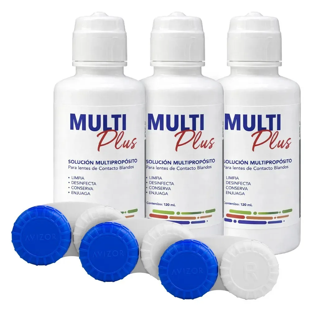 Pacote com 3 soluções de limpeza multiuso Multiplus de 120 ml — total de 360 ml — Inclui 3 estojos para lentes de contato gelatinosas fáceis de transportar