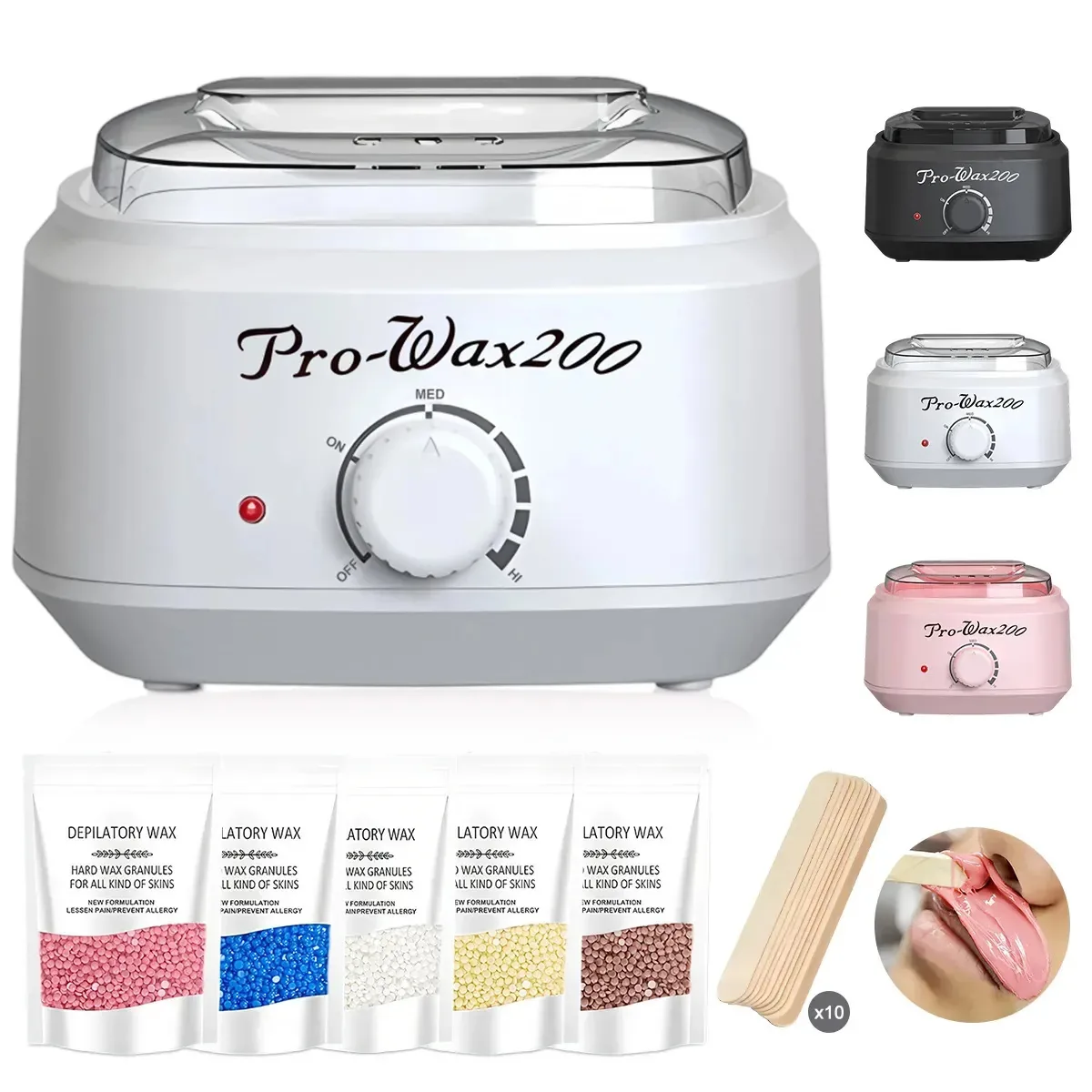 Kit de aquecimento de cera Depilation Melter Depilador profissional de cera quente, 5 pacotes de esferas de cera, 10 varetas brancas