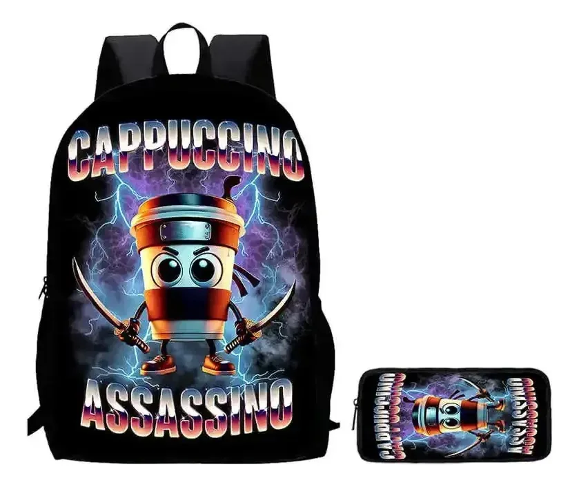 Conjunto de mochilas escolares Tralalero Italian Brainrot e estojo liso para Cappuccino Assassin