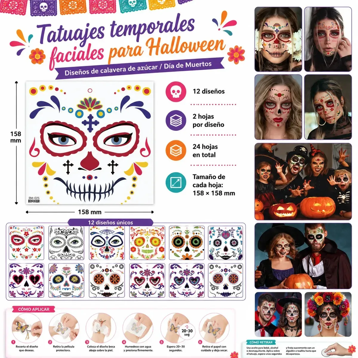 Tatuagens temporárias do Dia dos Mortos da WELAGO com 24 folhas, adesivos com rosto de caveira mexicana, tatuagens faciais, decoração de festa de Catrina, ideais para celebrações e carnavais