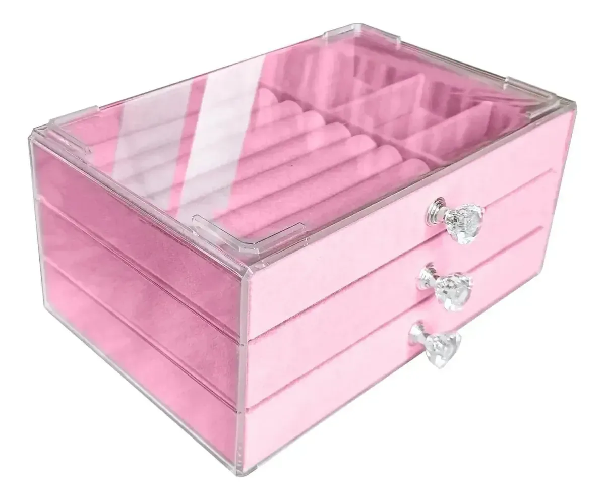 Joyero De Terciopelo Acrílico Transparente Com 3 Cajones, Rosa