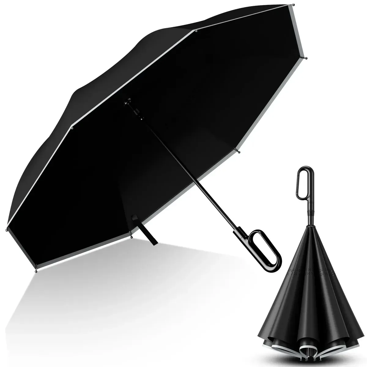Guarda-chuva invertido de camada dupla, guarda-chuva automático com fivela em anel, guarda-chuva reforçado à prova de vento e à prova de chuva, guarda-chuva de viagem portátil sem usar as mãos, à...