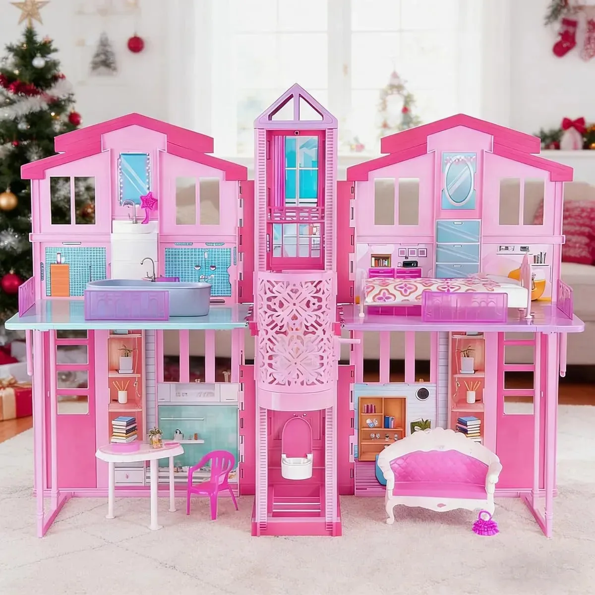 Casa de bonecas dobrável com elevador e móveis incluídos rosa