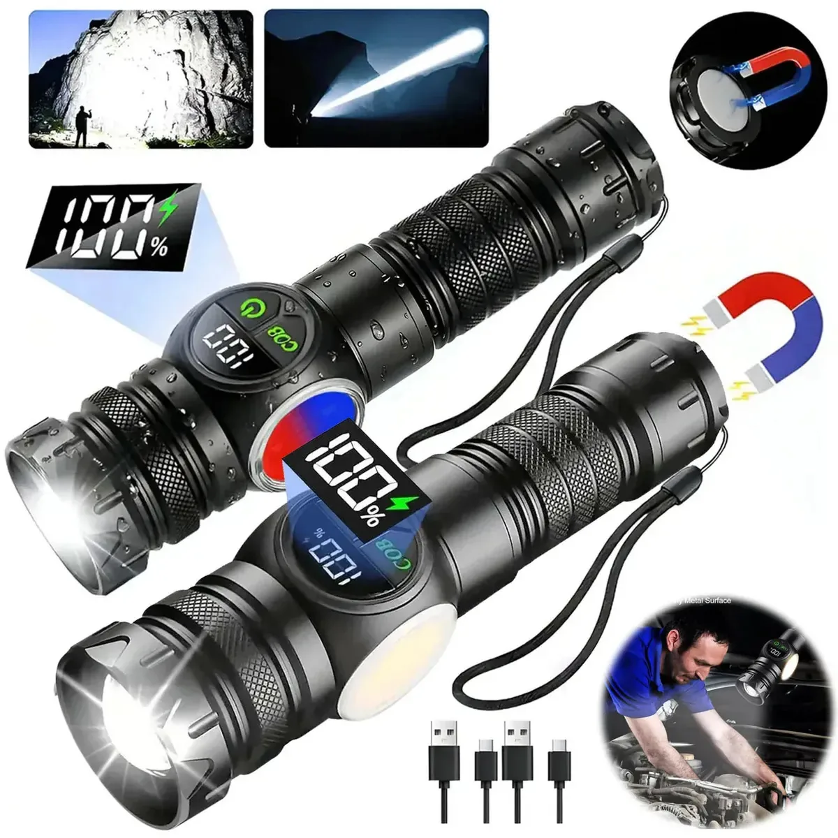 Lâmpada tática de 2 peças, lanterna tática LED recarregável USB para acampamento, lanterna LED magnética retrátil impermeável, ultrarpotente, luz Cob Rescue, lâmpada LED tática portátil