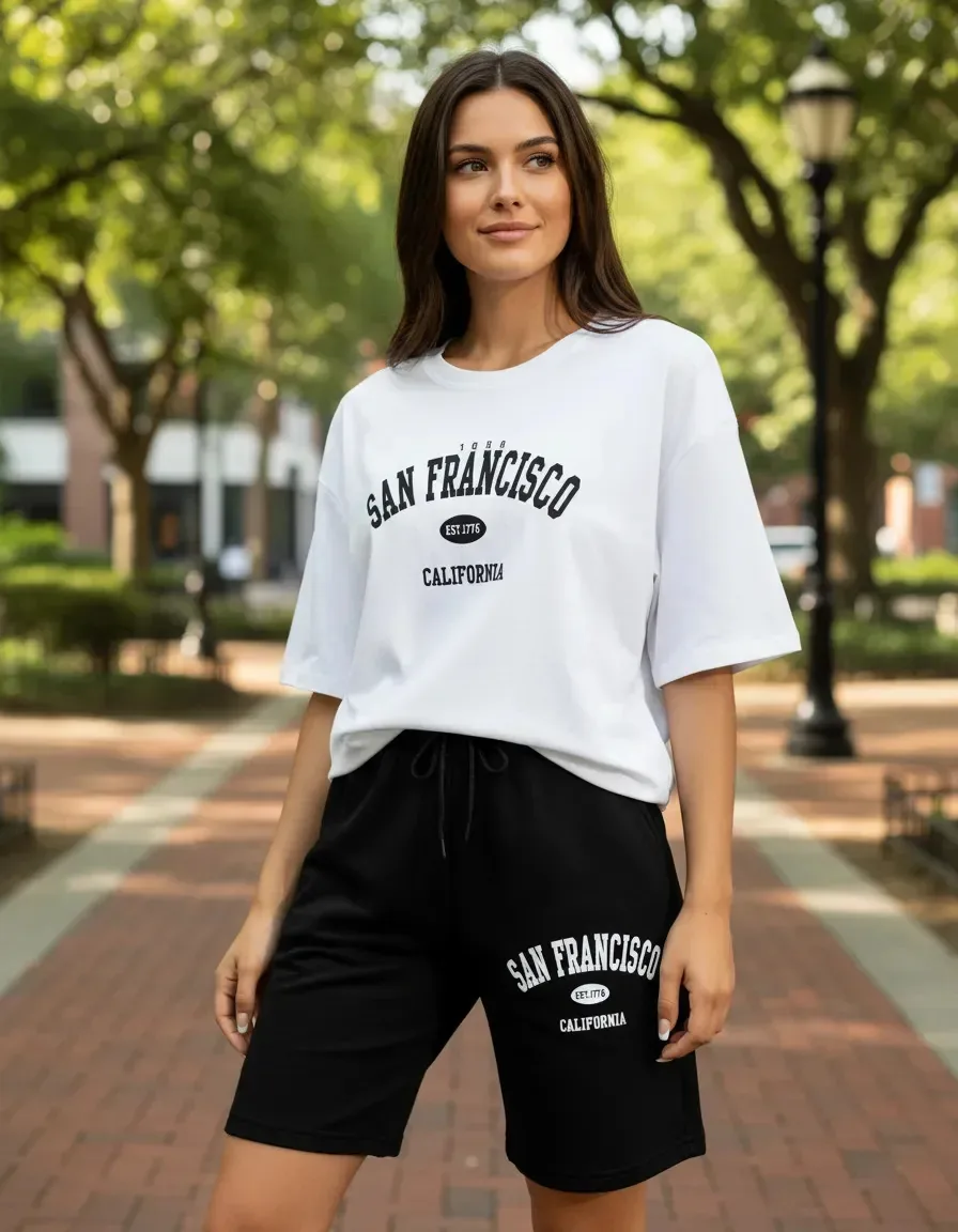 Camisetas e shorts de duas peças, roupas femininas, brancas