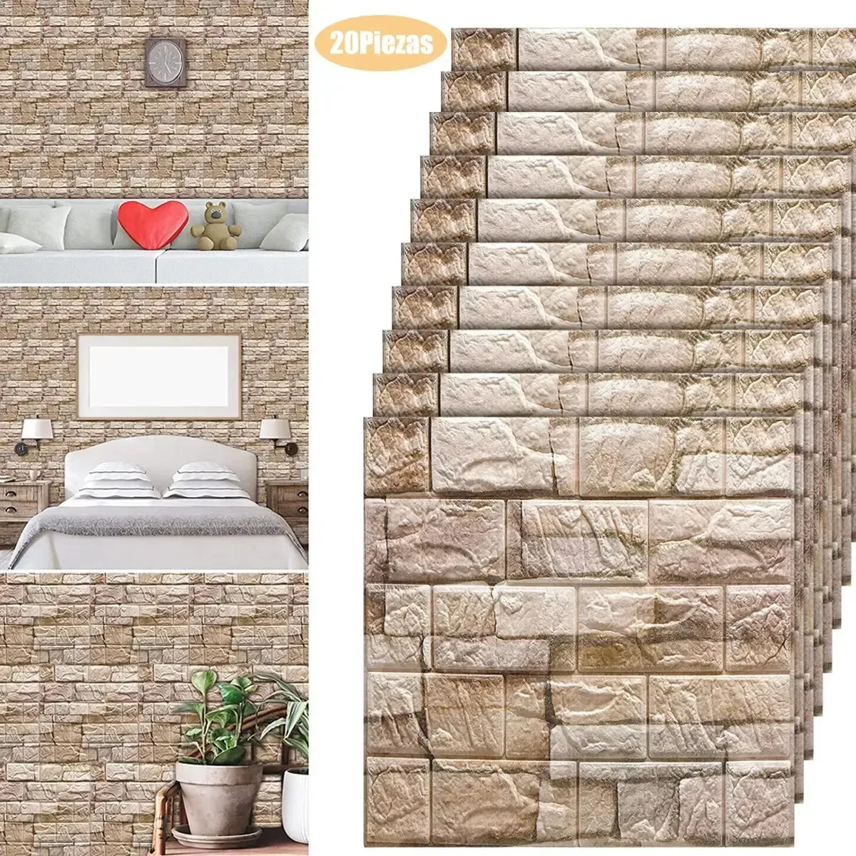 Adesivo de parede com padrão de tijolo Fouortunate-Bee, 20 peças, papel de parede 3D, adesivos decorativos autoadesivos de parede