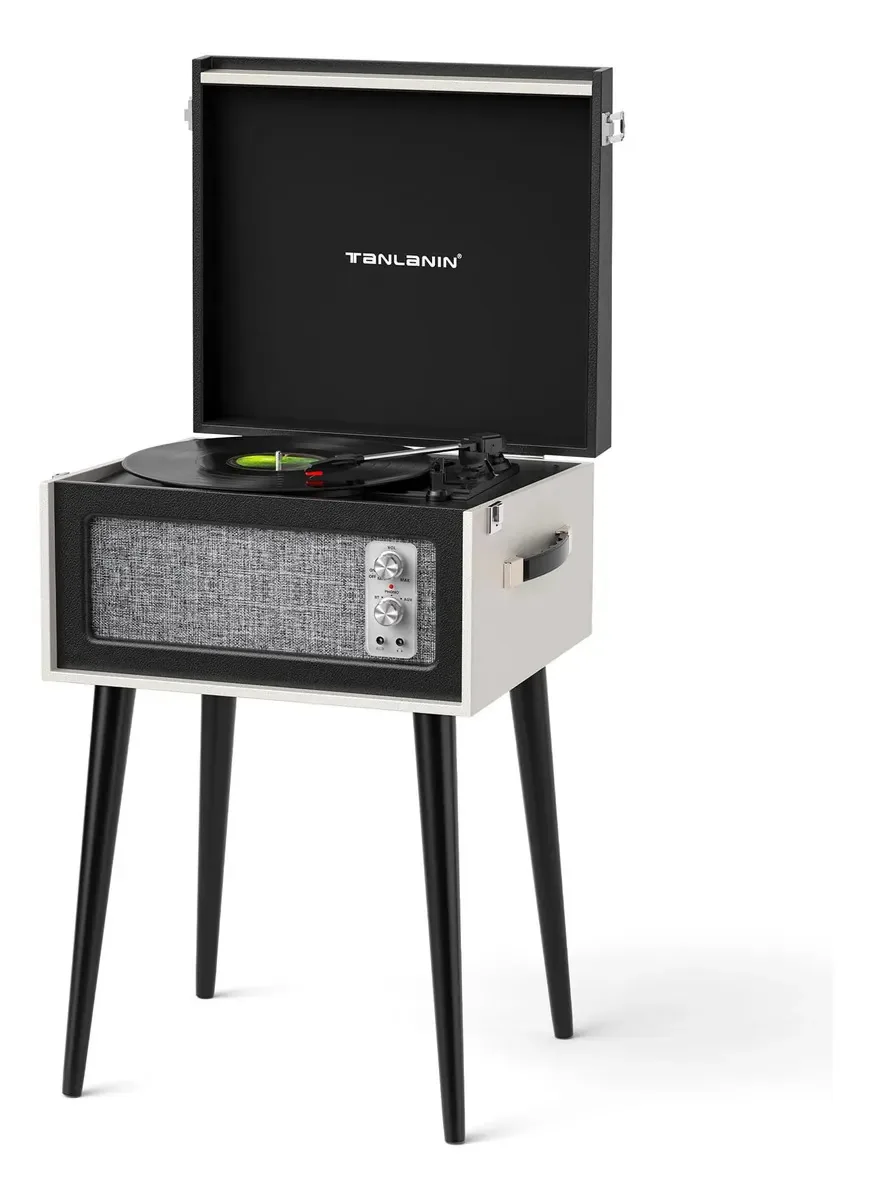 Toca-discos de vinil Bluetooth vintage de 3348 rpm e alto-falantes I preto e branco