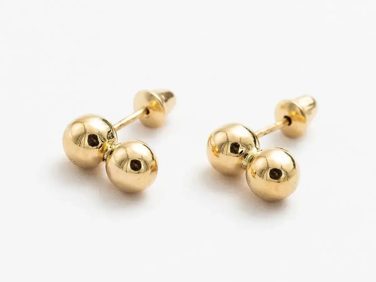 Brinco Duas Bolas 4mm Infantil Ouro 18k Dourado