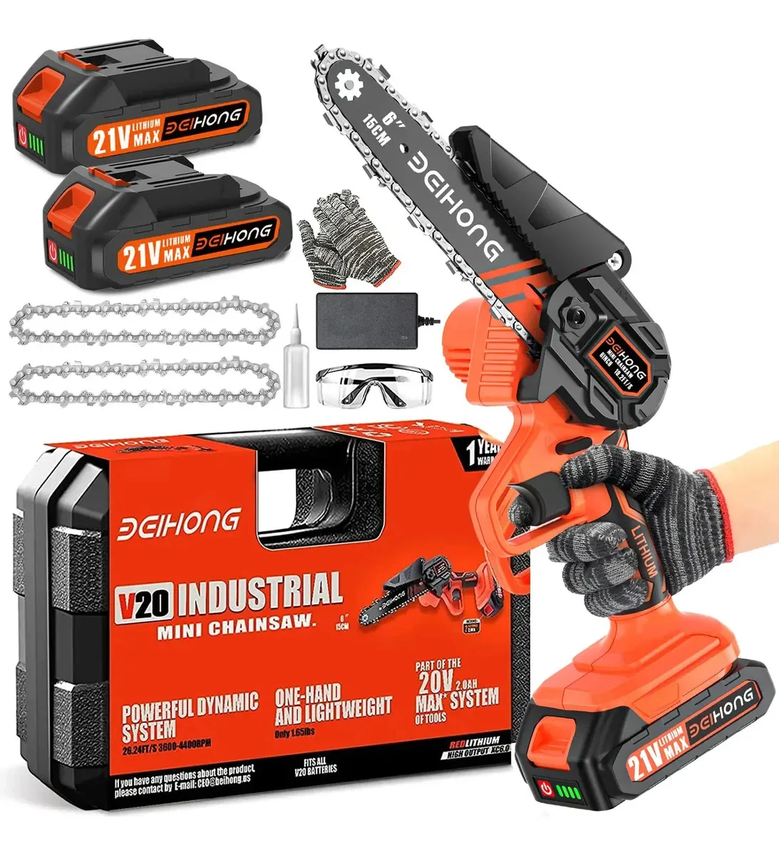 Mini motosserra alimentada por bateria com interruptor de segurança, motosserra pequena sem fio de 4 polegadas, 2 peças de bateria recarregável de 36 V, mini motosserra elétrica, mini