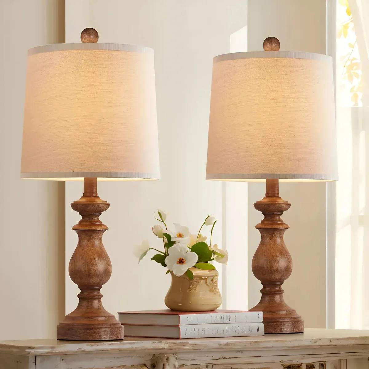 2 luminárias de mesa de escritório, luminárias de cabeceira de quarto, folheadas de madeira
