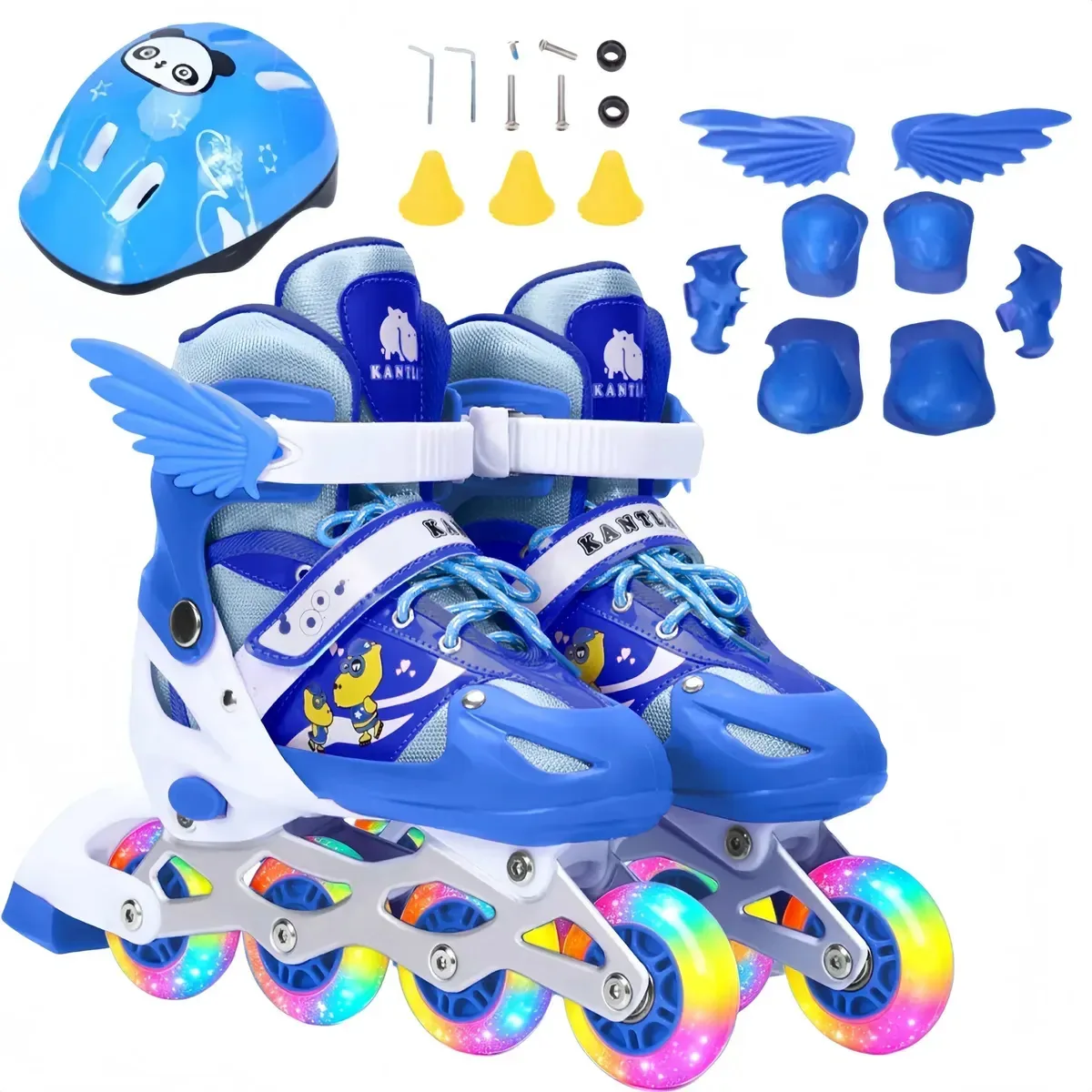 Patins infantis ajustáveis em linha de 4 rodas com luzes de freio Patins paralelos ajustáveis e patins duplos 2 em 1, proteções de duas fileiras, cones azuis, presente para crianças tamanho M