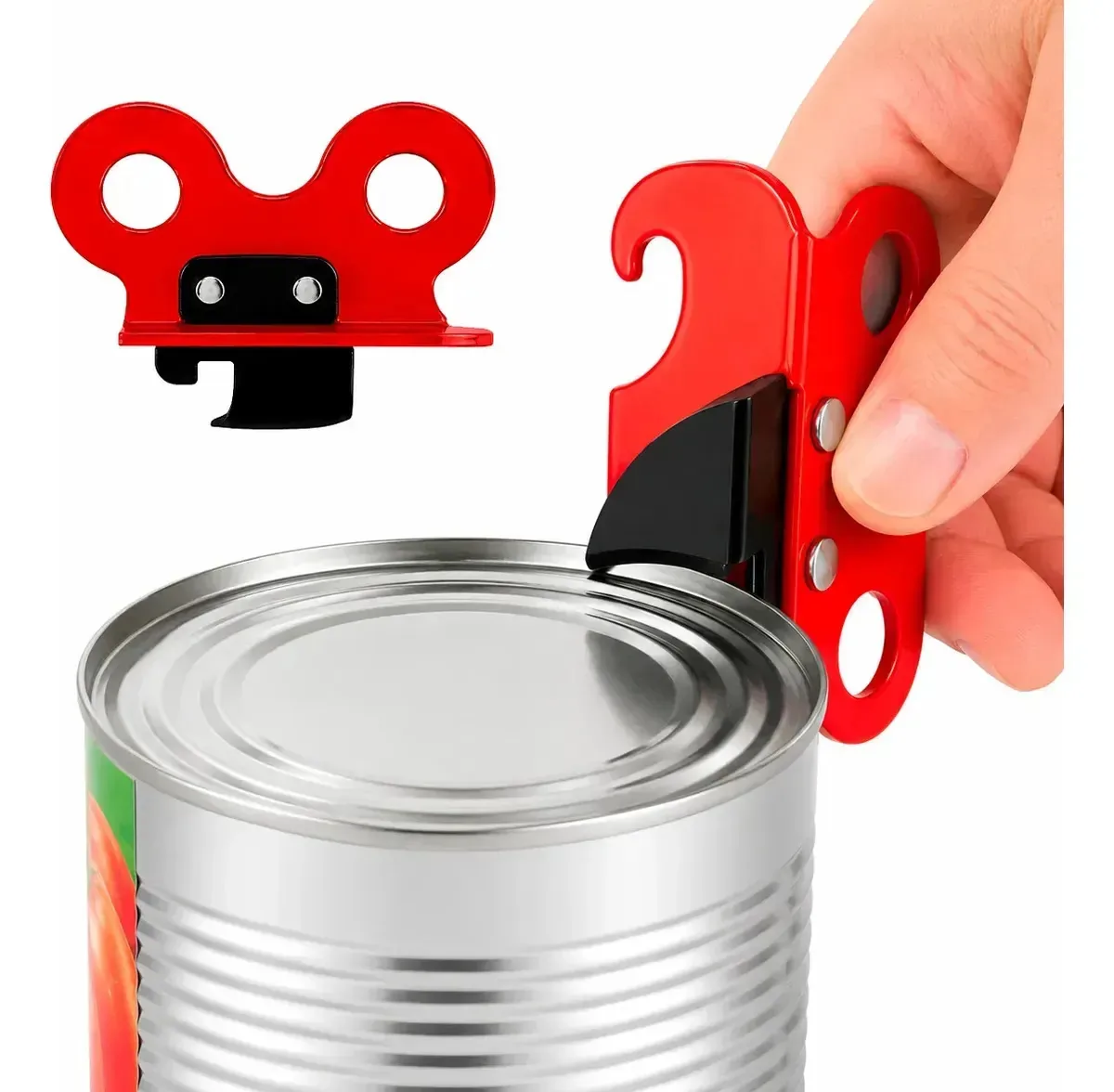 Abridor de latas manual feito de metal, ideal para abrir latas de diferentes tamanhos com design ergonômico, durável e fácil de usar na cozinha da Slim Company