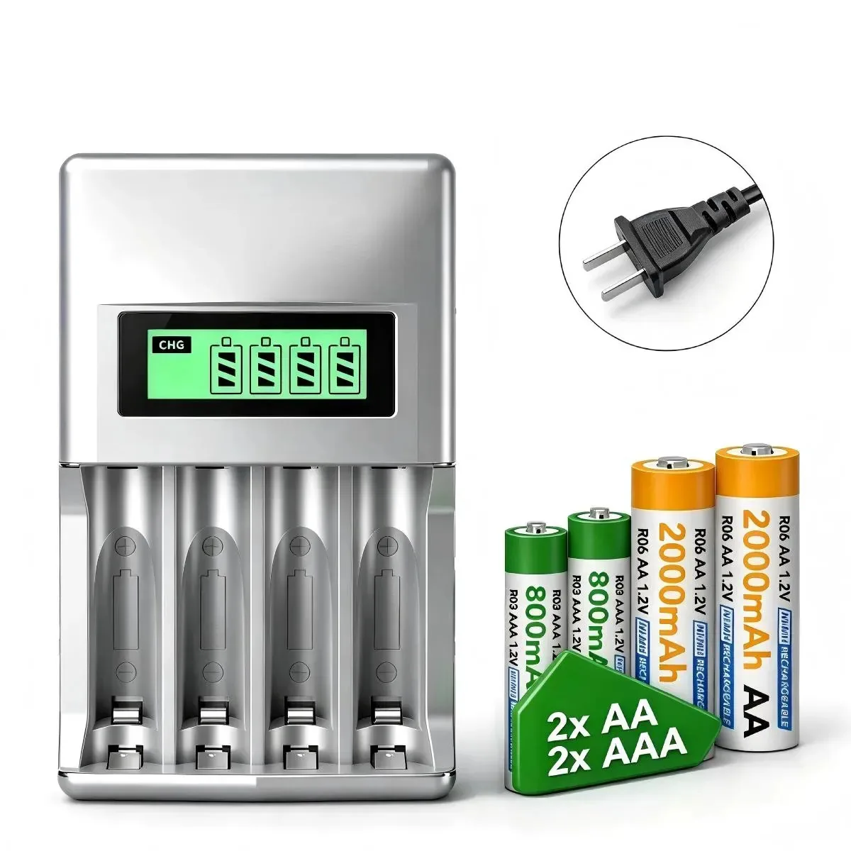 Carregador de bateria recarregável e 4 pilhas recarregáveis Aa e Aaa Carregador de bateria aa aaa Quick Charge para controle remoto, lanternas, brinquedos, alto-falante