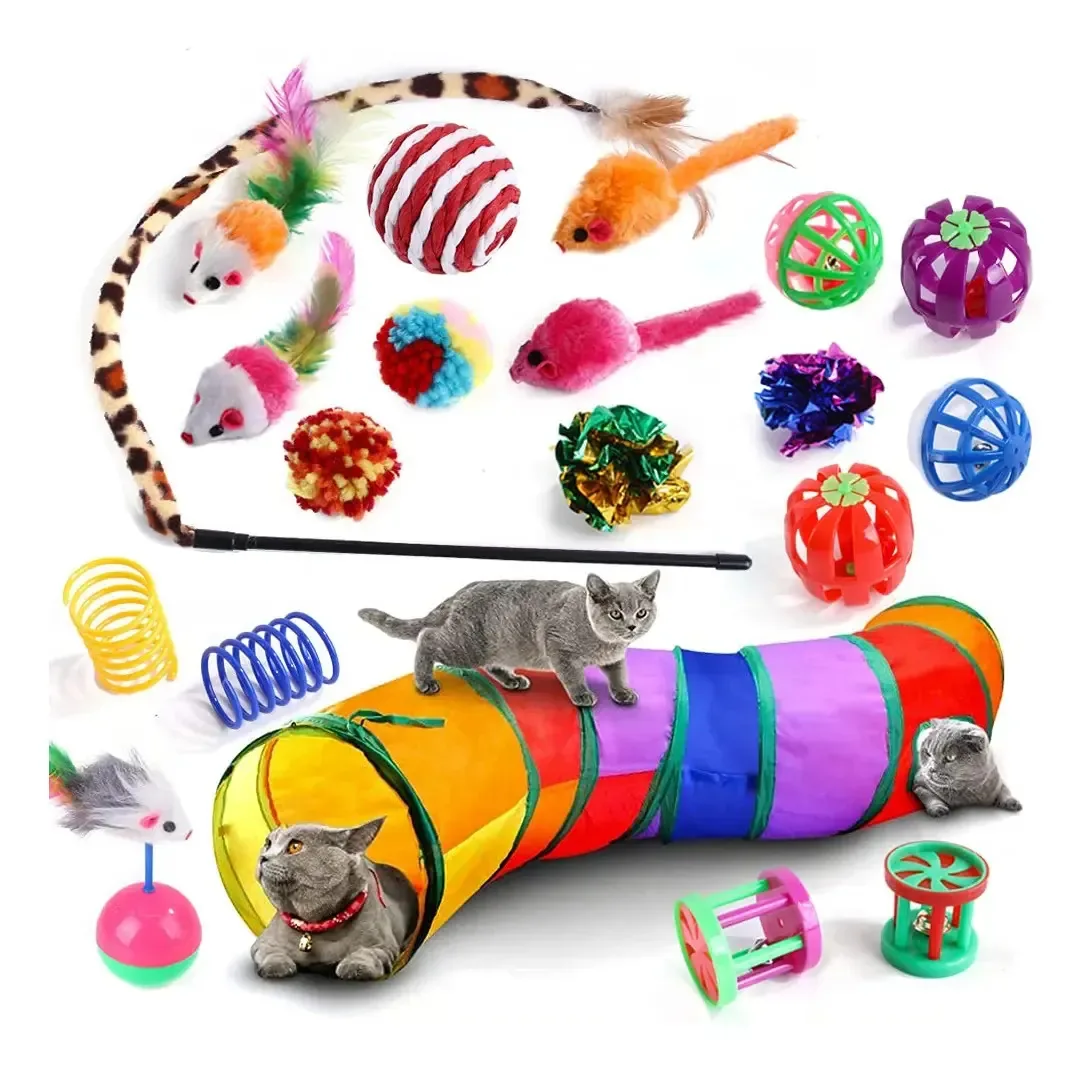 Conjunto de 20 brinquedos para gatos e gatinhos, brinquedos para gatos, túneis dobráveis para gatos que vivem dentro de casa, brinquedo interativo de penas para gatos, bolas fofas de rato,...