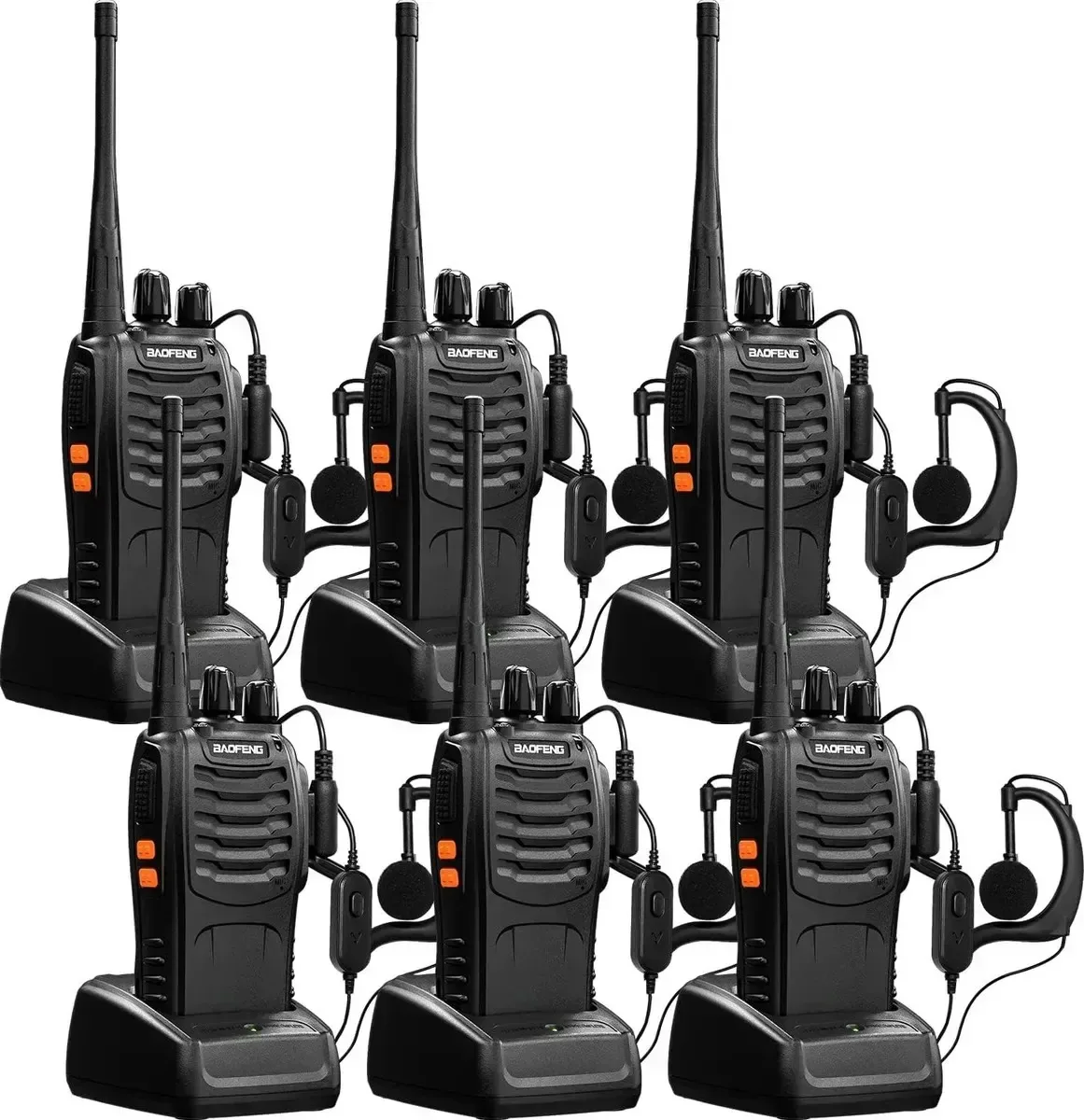 6 walkie-talkies pretos Baofeng — Walkie-talkies bidirecionais sem usar as mãos de longo alcance, incluindo fone de ouvido e microfone, bem como carregador e instruções.