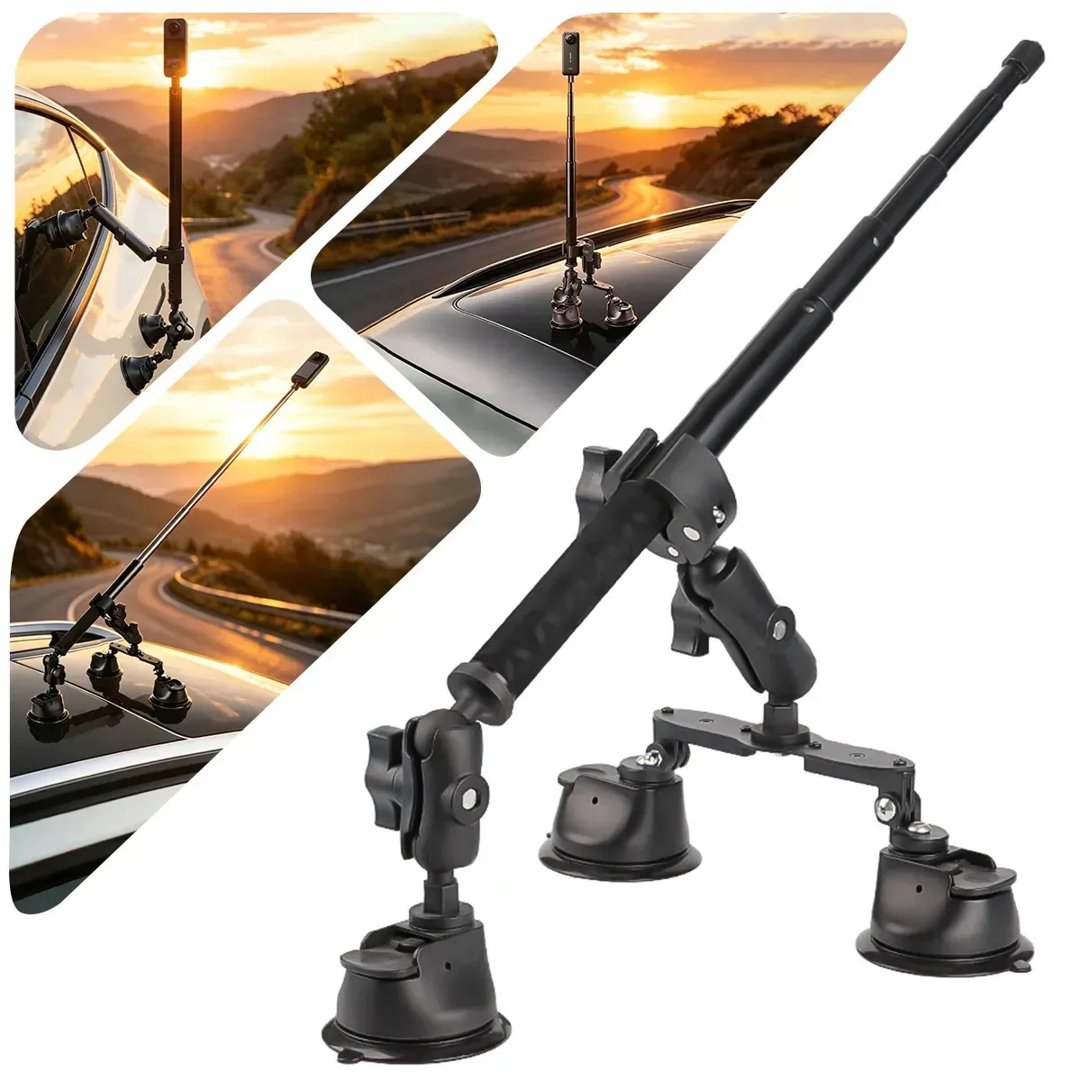 Conjunto de suporte de veículos INTELOCO com três ventosas para câmeras esportivas, como Insta360 e GoPro, suporte para câmeras pesadas de para-brisa com alavanca de extensão de 28 a 112 cm