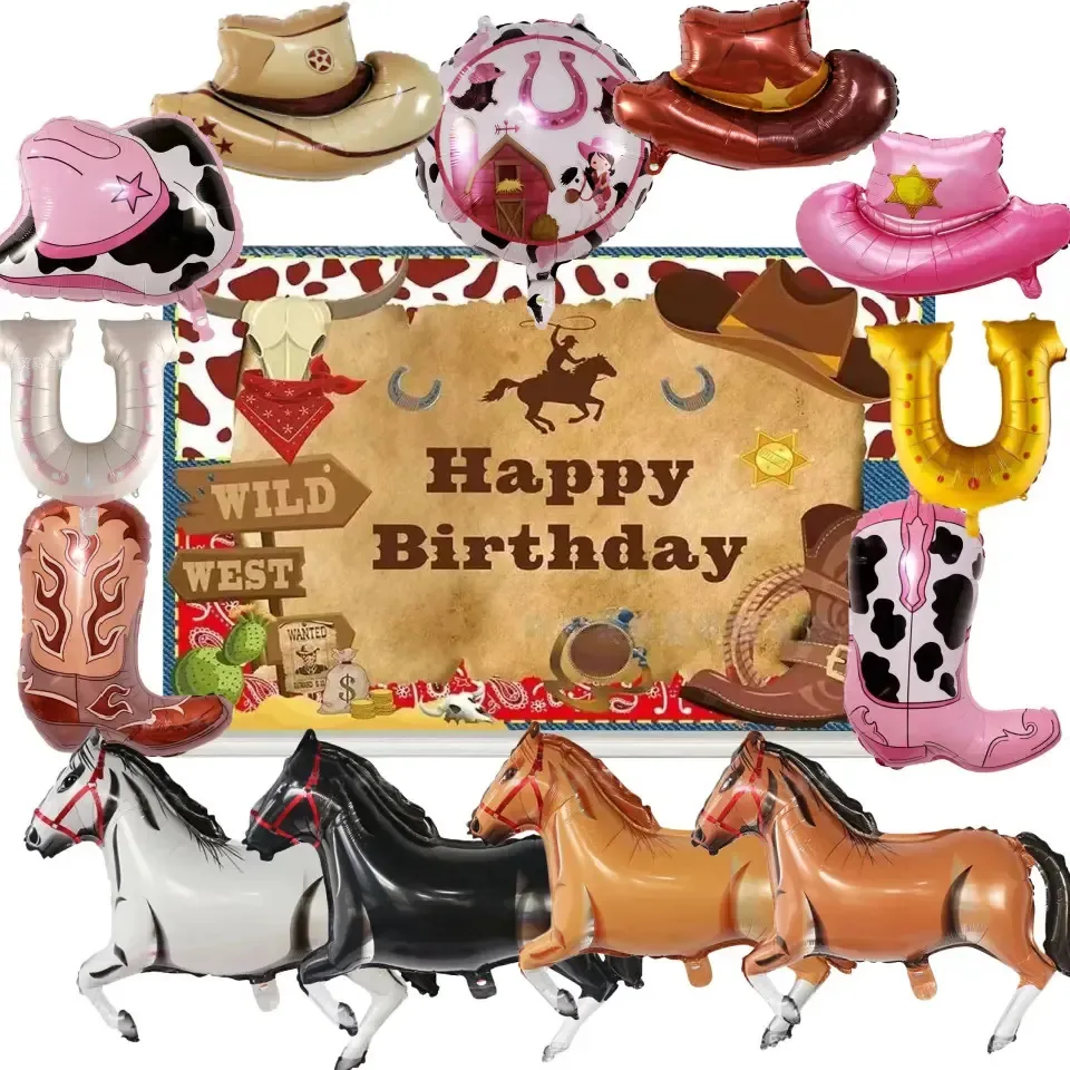 Decorações de aniversário e fundo de balões de festa de cowboy