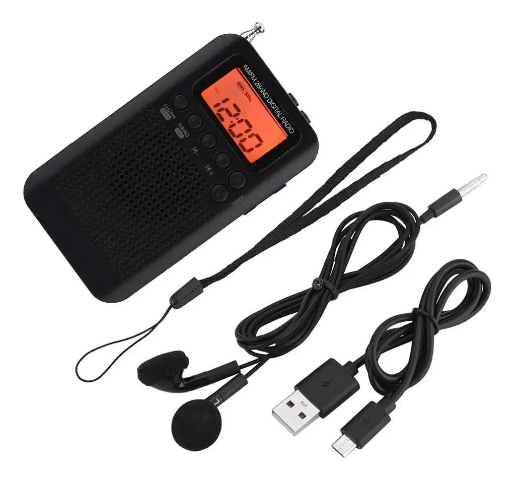 Rádio FM Mini Am portátil, rádio estéreo de 2 bandas, rádio de sintonização digital, rádio de bolso, portátil, display Icd