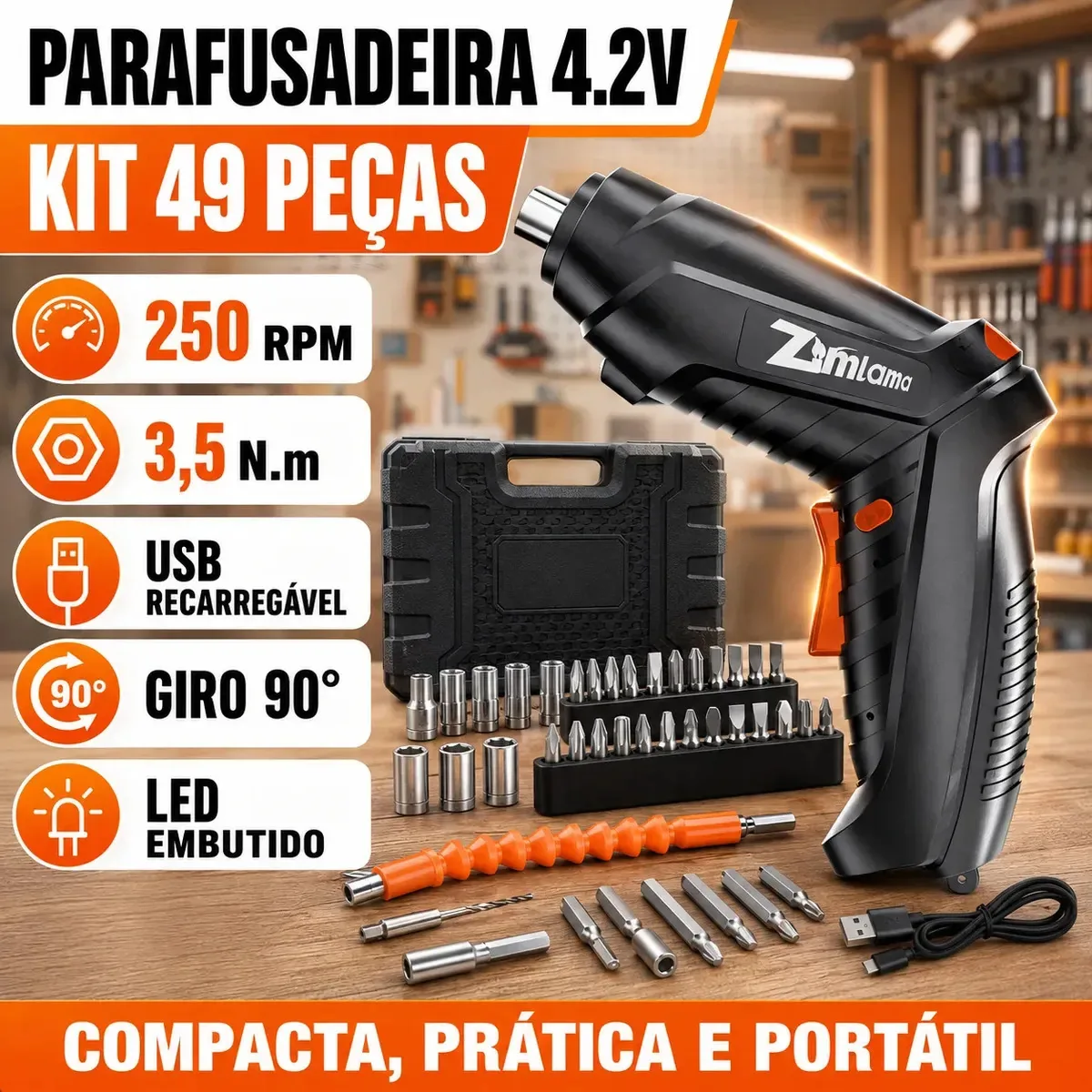 Kit 49 Peças Parafusadeira Sem Fio 4.2V Recarregável USB Com LED, 3,5 N.m, 250 RPM, Eixo Flexível, Bits, Soquetes E Male