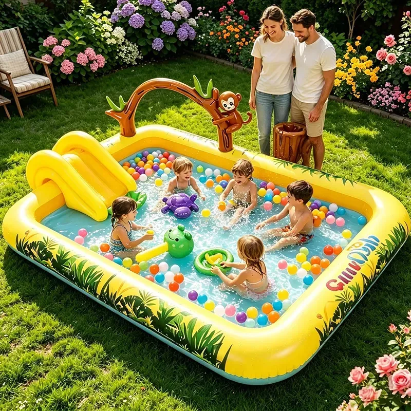 Piscina inflável com escorregador e pulverizador de água, inclui 2 brinquedos infláveis e adesivo impermeável, perfeita para o verão, família, centro de diversão infantil, ideal para crianças e uso...