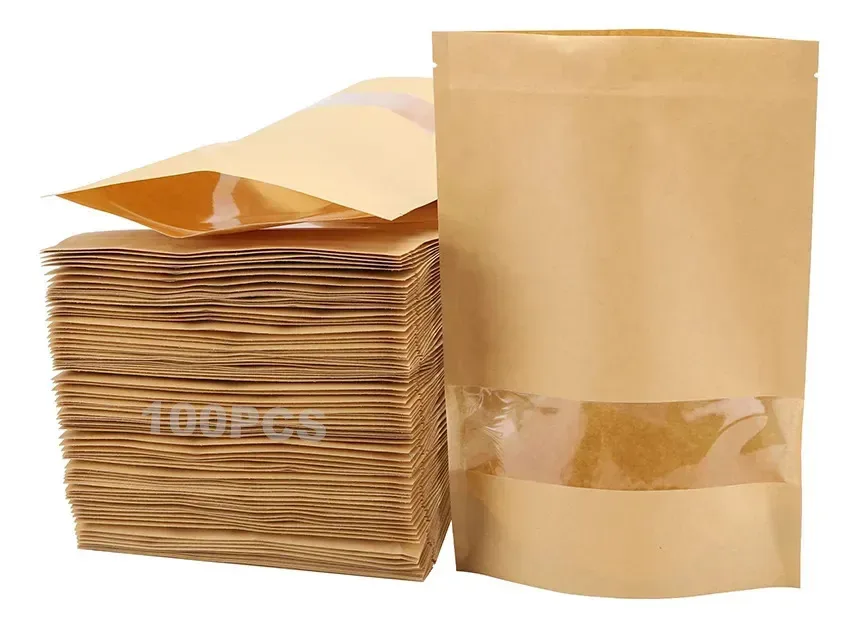 100 sacos de papel Kraft que podem ser fechados novamente (20* 30 cm) Embalagem e armazenamento de produtos